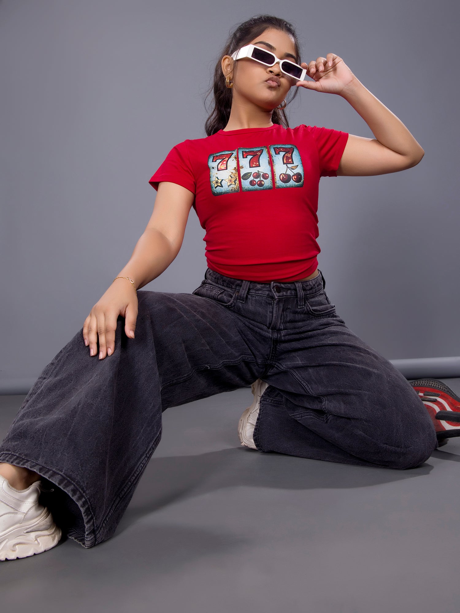 Girls Lucky 777 Graphic Baby Tee - Red