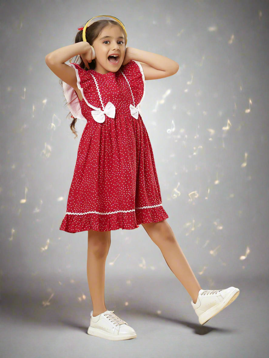 Polka Dot Printed Rayon Girls Dress with Bow Red