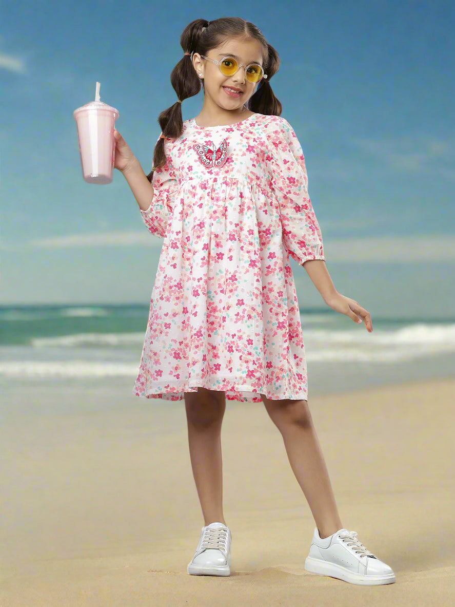 Butterfly Embroidery Cotton Girls Dress White