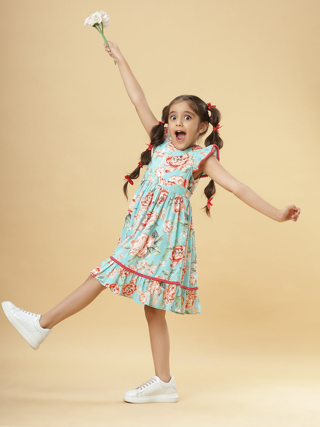 Floral Printed Pom Pom Lace Rayon Girls Dress - Aqua Floral Printed Pom Pom Lace Rayon Girls Dress - Aqua