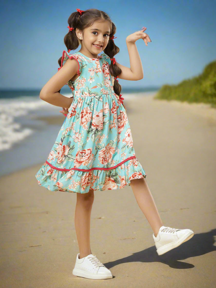 Floral Printed Pom Pom Lace Rayon Girls Dress