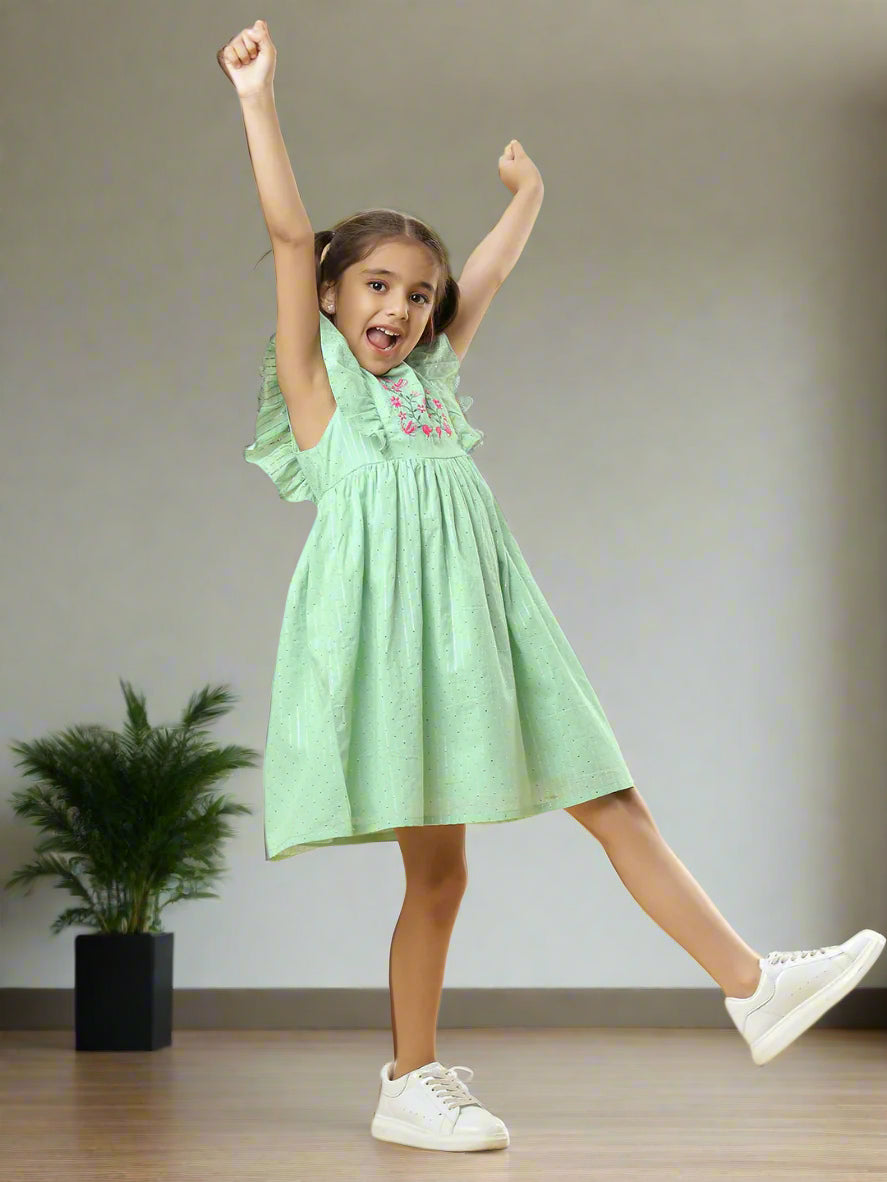 Floral Embroidery Cotton Girls Dress - Mint