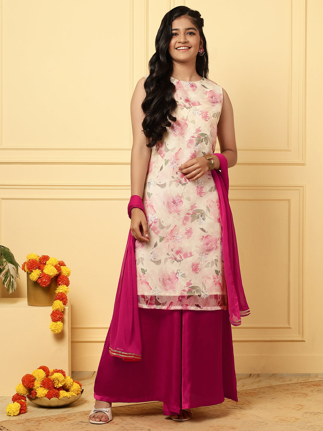 Girls Ethnic Floral Kurta and Palazzo Set – White & Pink