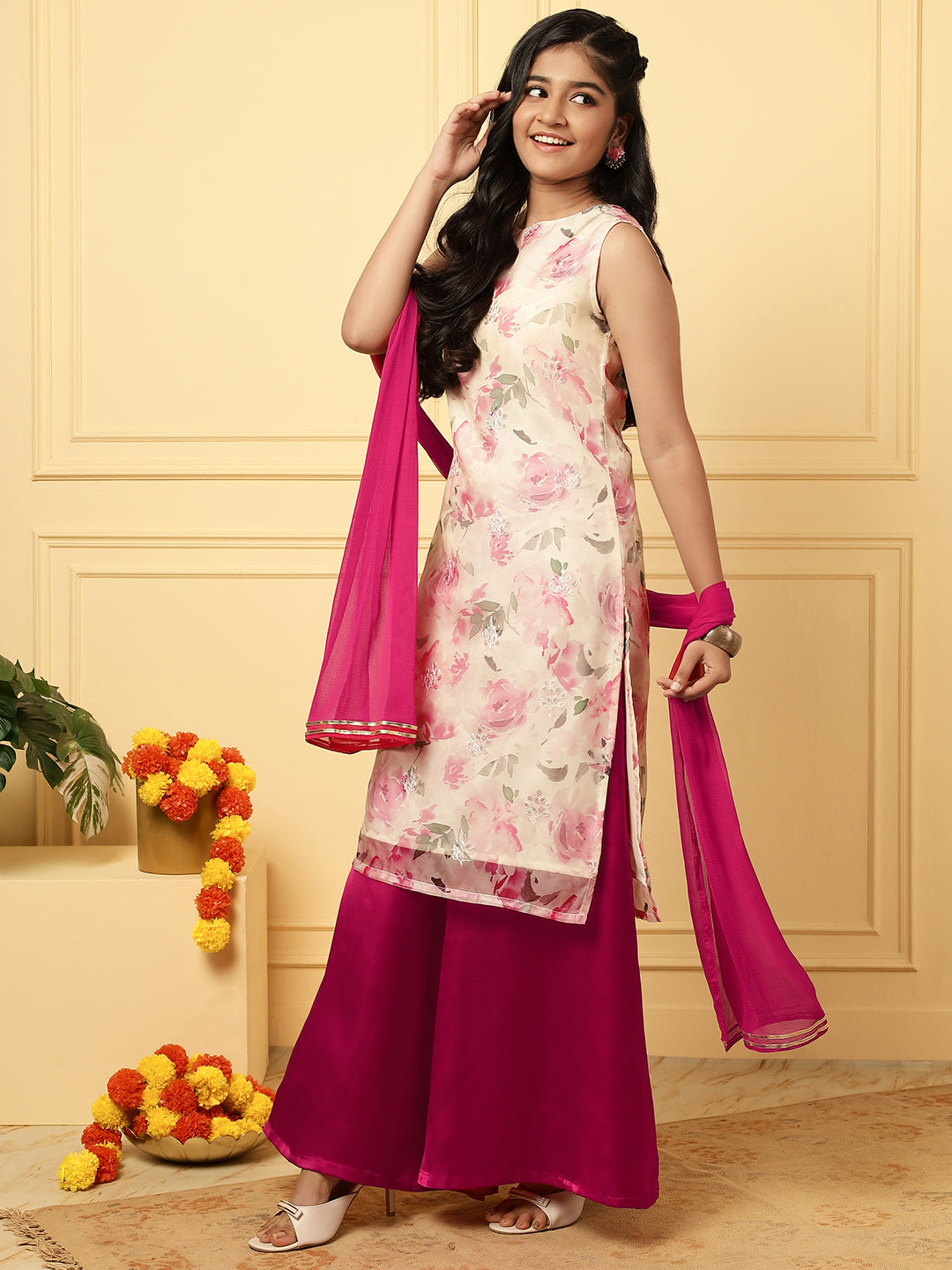 Girls Ethnic Floral Kurta and Palazzo Set – White & Pink