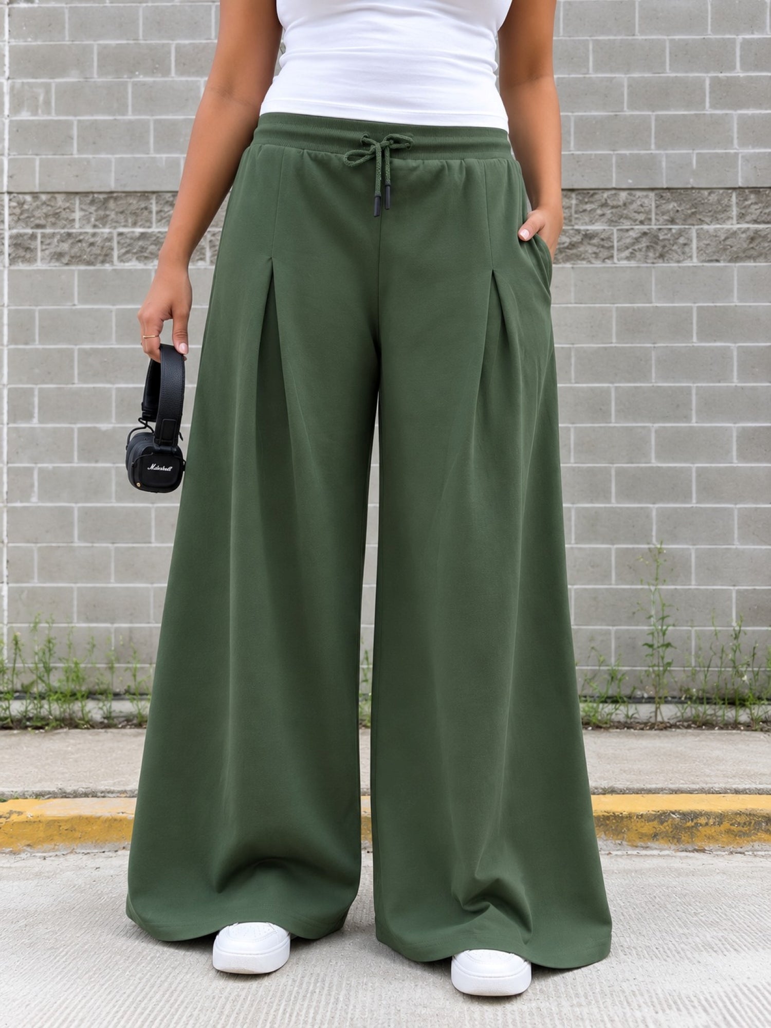 TeenTrums Girls Wide Leg Pleated Track Pants - Olive