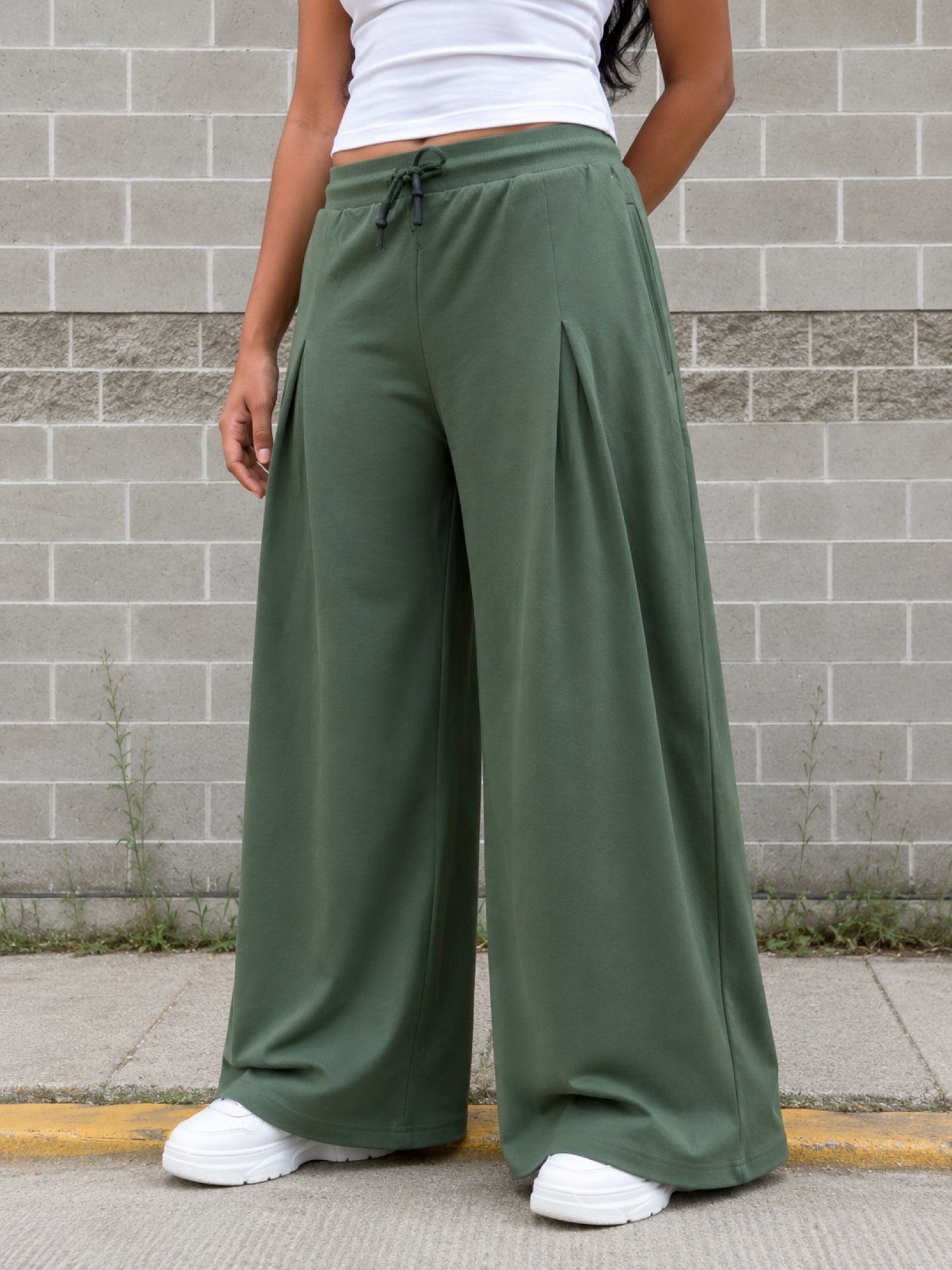 TeenTrums Girls Wide Leg Pleated Track Pants - Olive