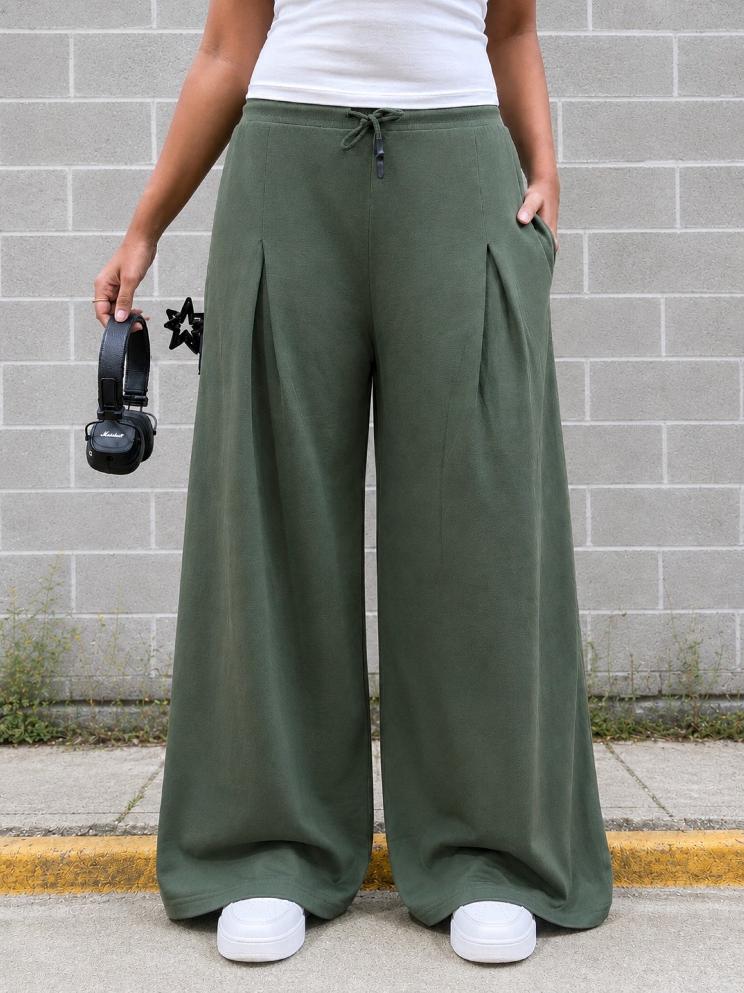 TeenTrums Girls Wide Leg Pleated Track Pants - Olive