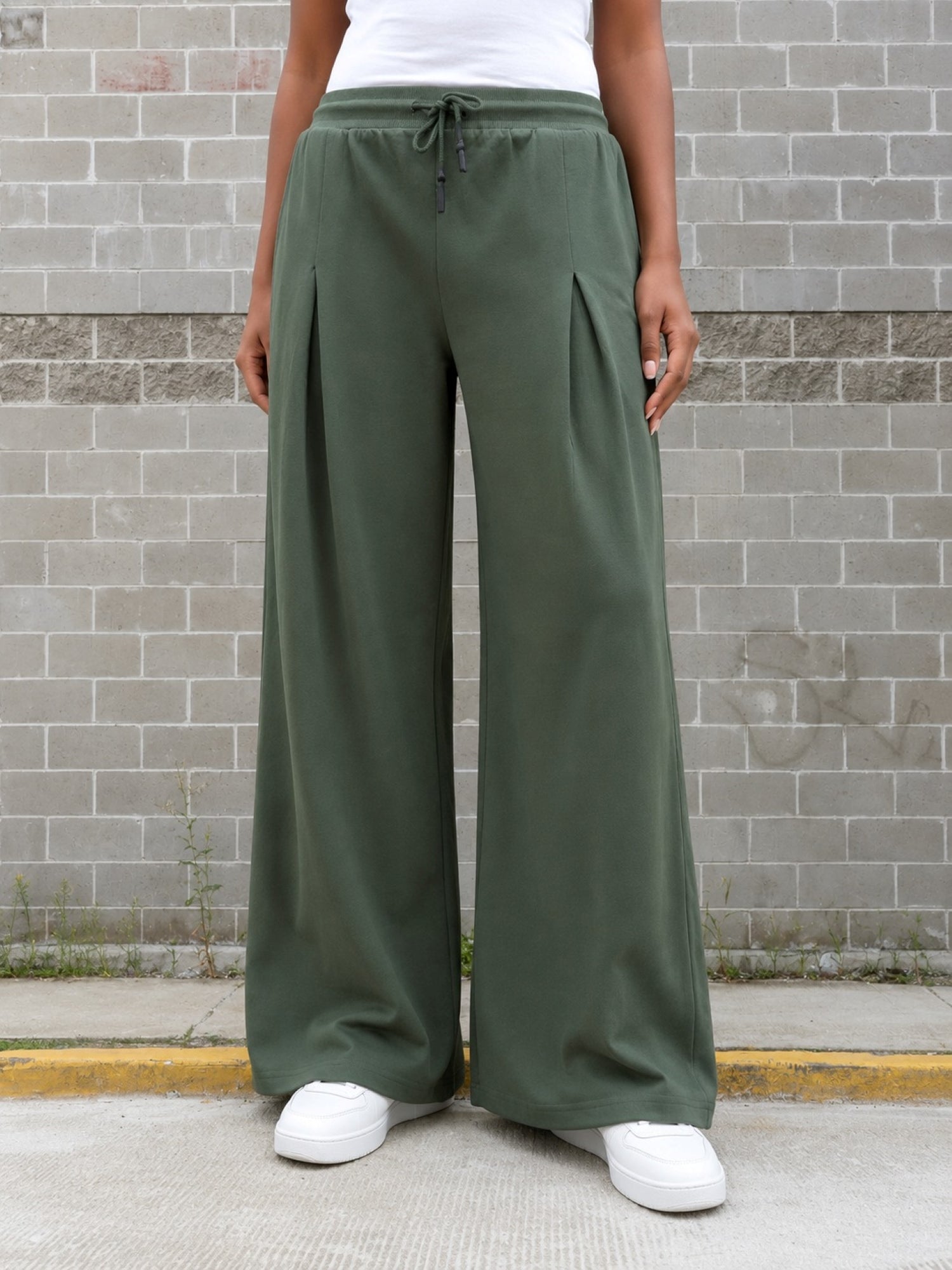 TeenTrums Girls Wide Leg Pleated Track Pants - Olive