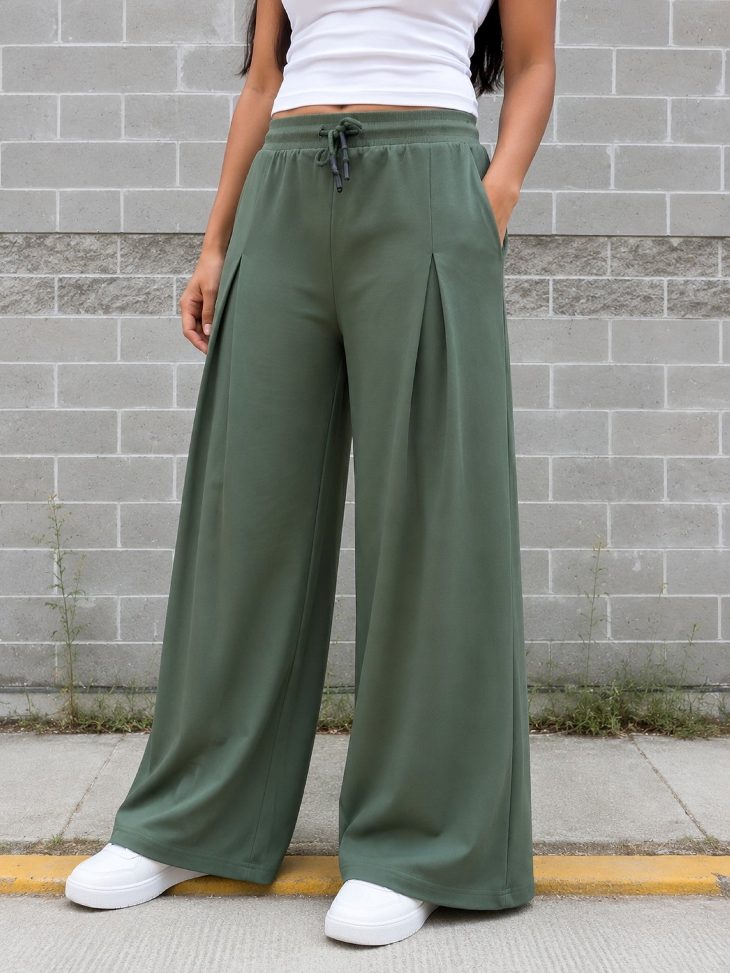 TeenTrums Girls Wide Leg Pleated Track Pants - Olive