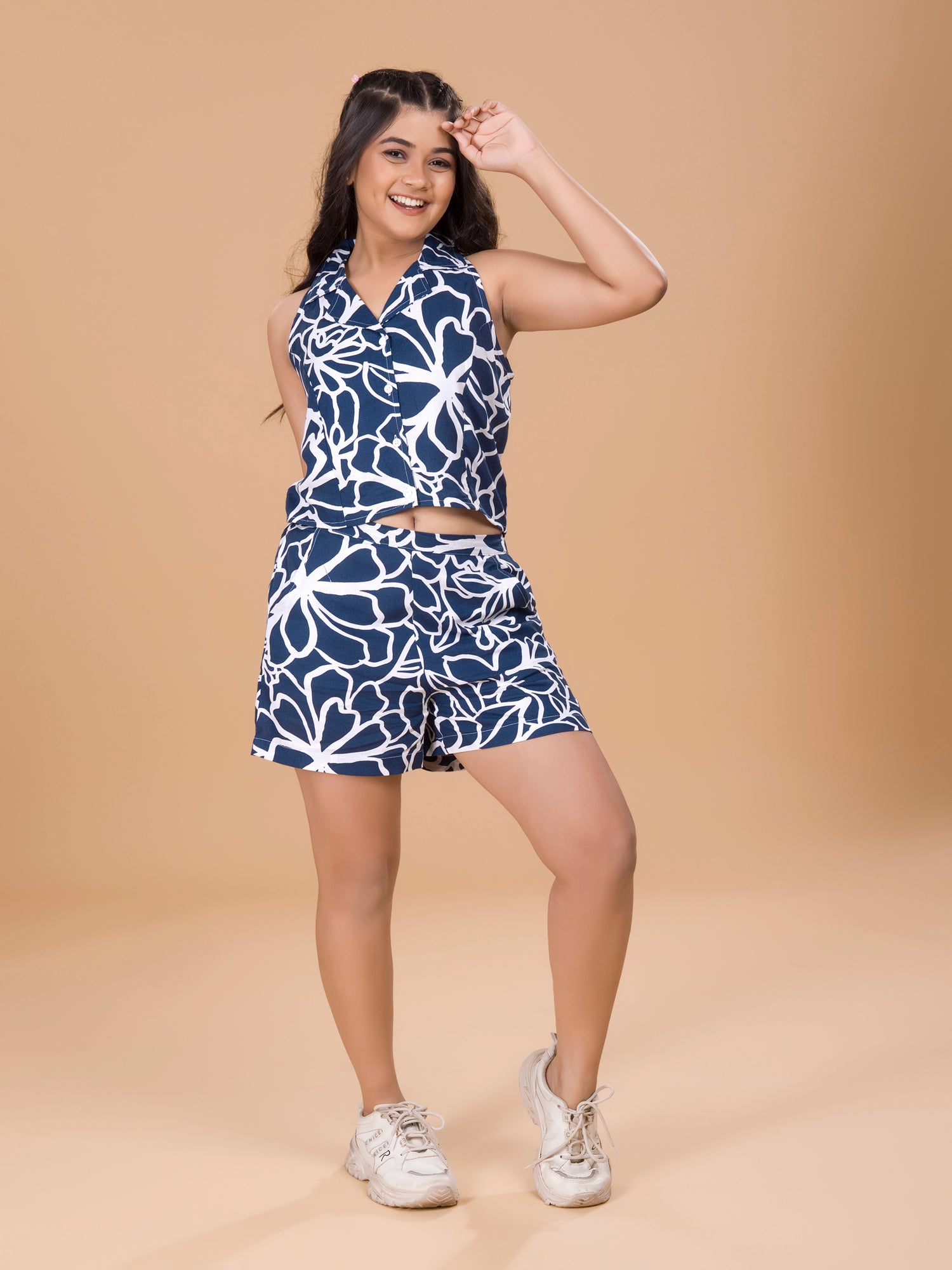 Girls Abstract Floral Print Co-Ord Set - Navy