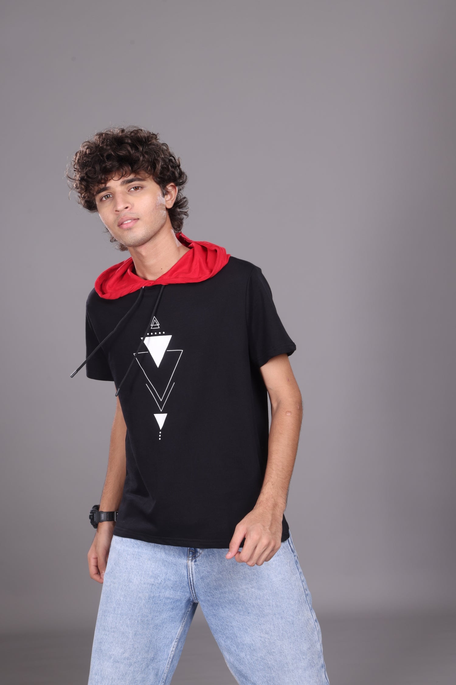 T-shirt with hoodie-Black