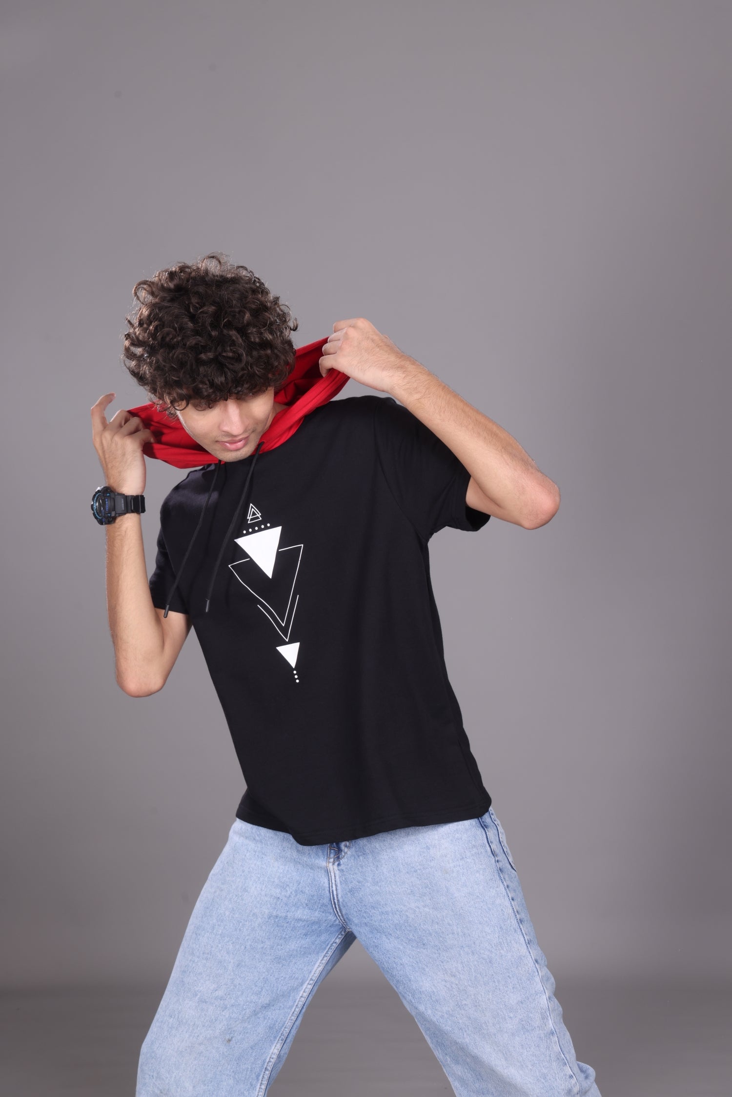 T-shirt with hoodie-Black