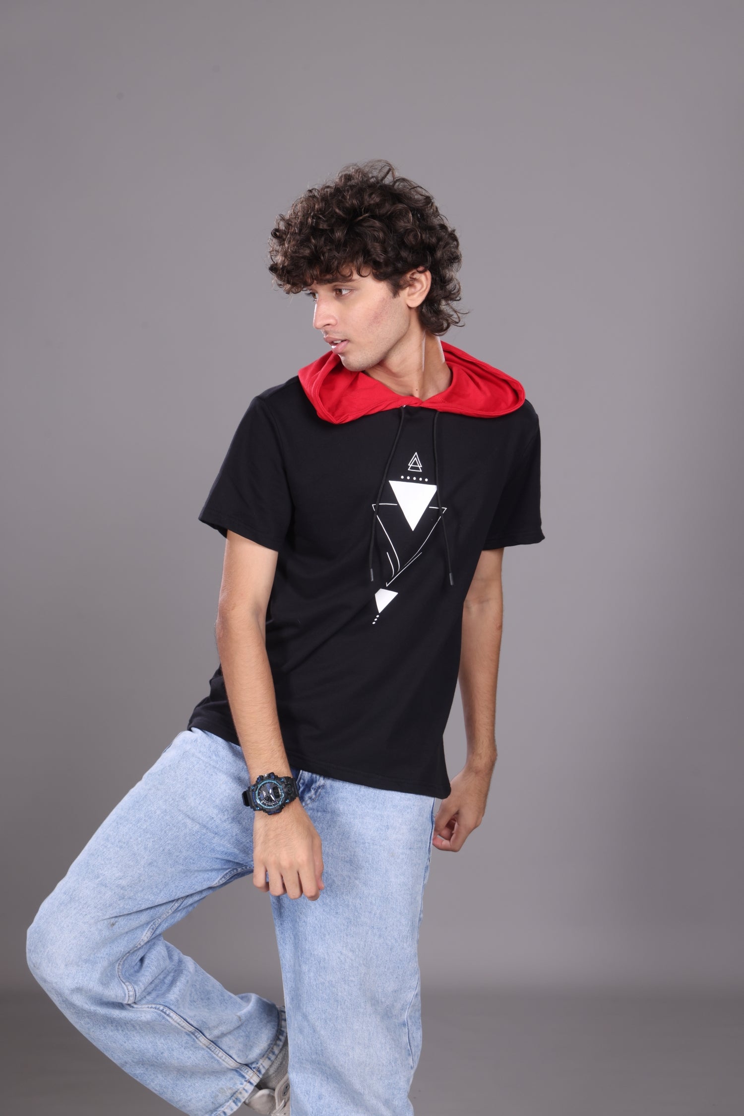 T-shirt with hoodie-Black