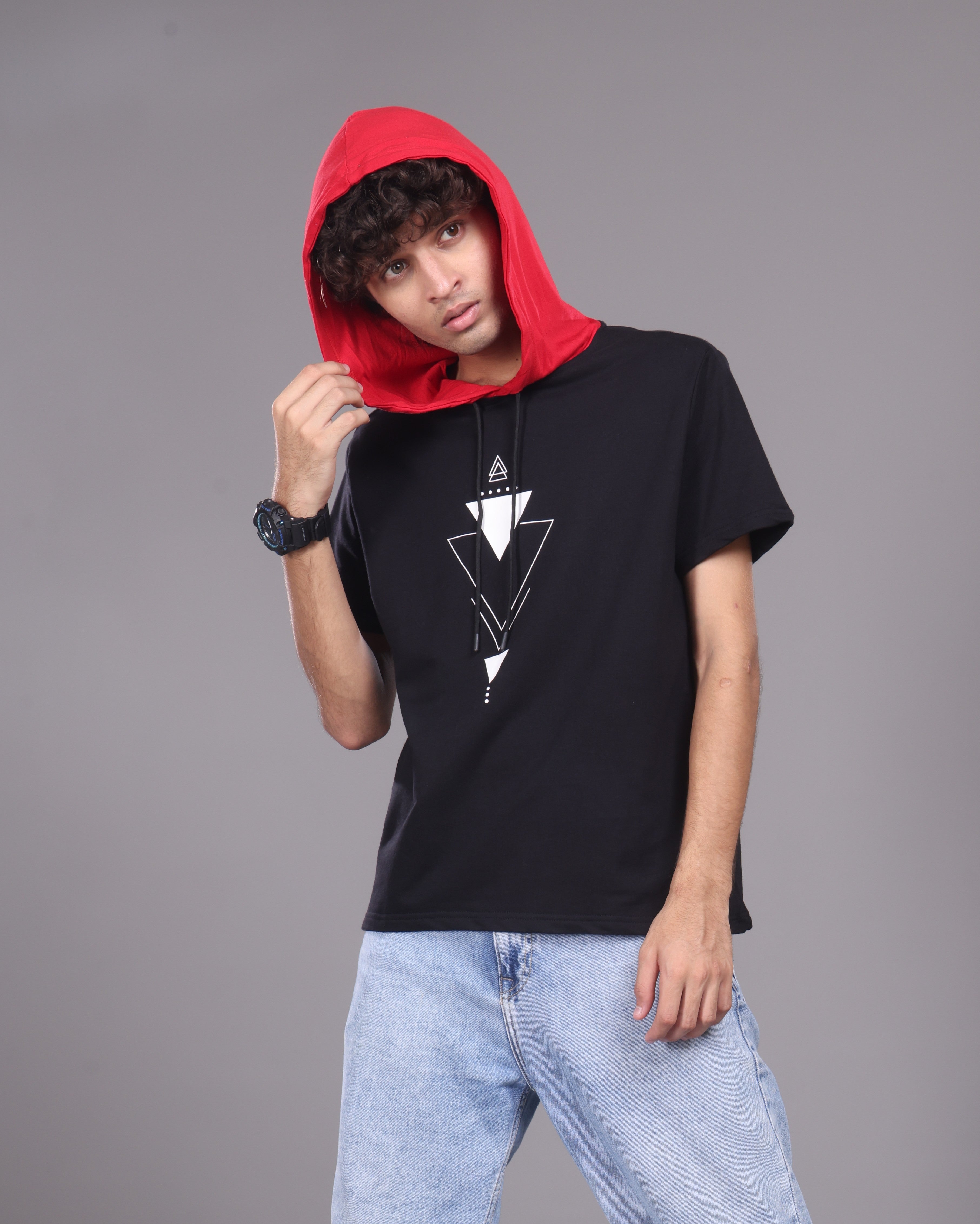 T-shirt with hoodie-Black