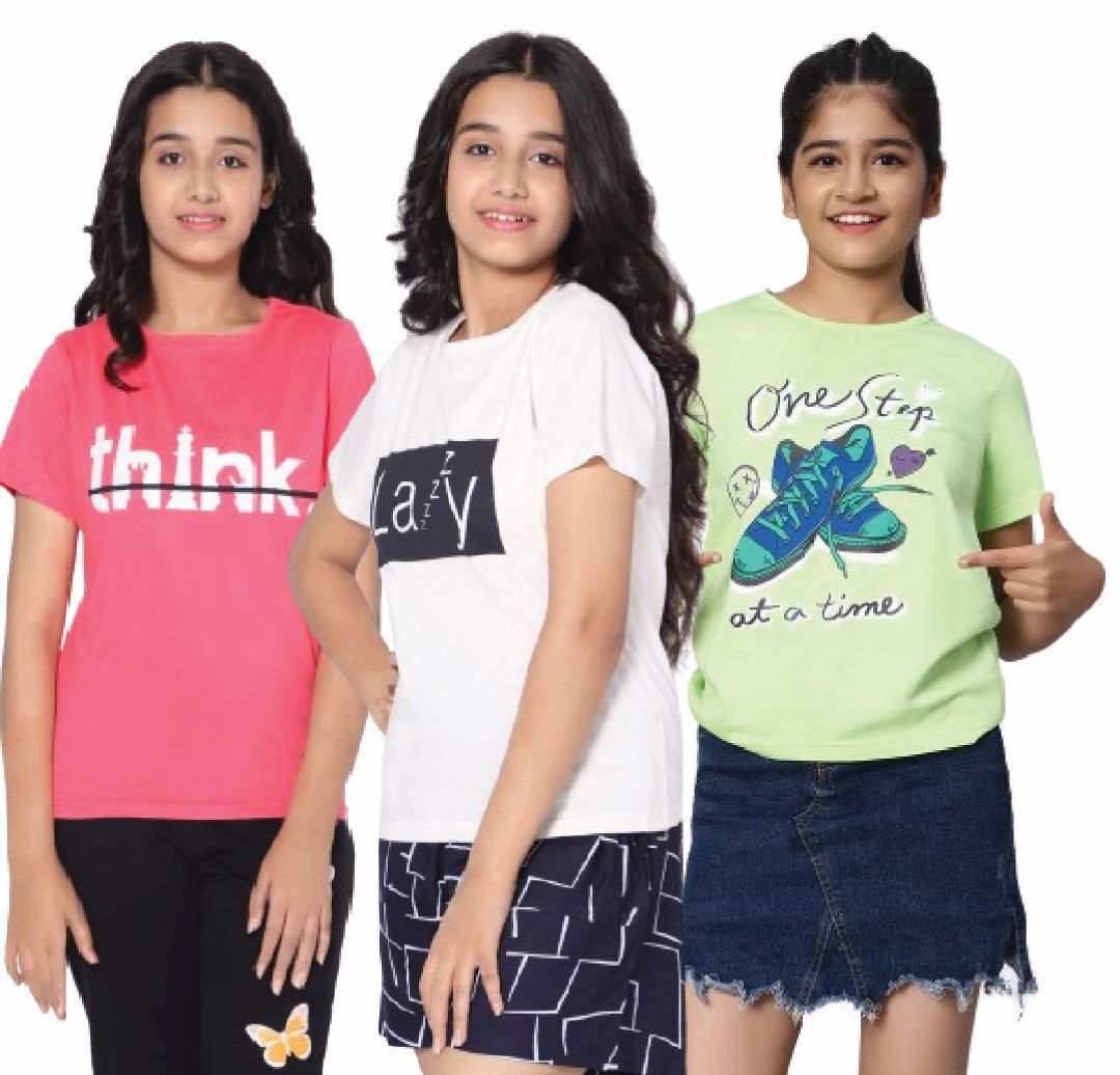 TeenTrums Pack of 3- Girls T-Shirt Regular Fit Half Sleeves 100% Cotton Comfortable Tshirt - Dark Pink/ White/ Lime