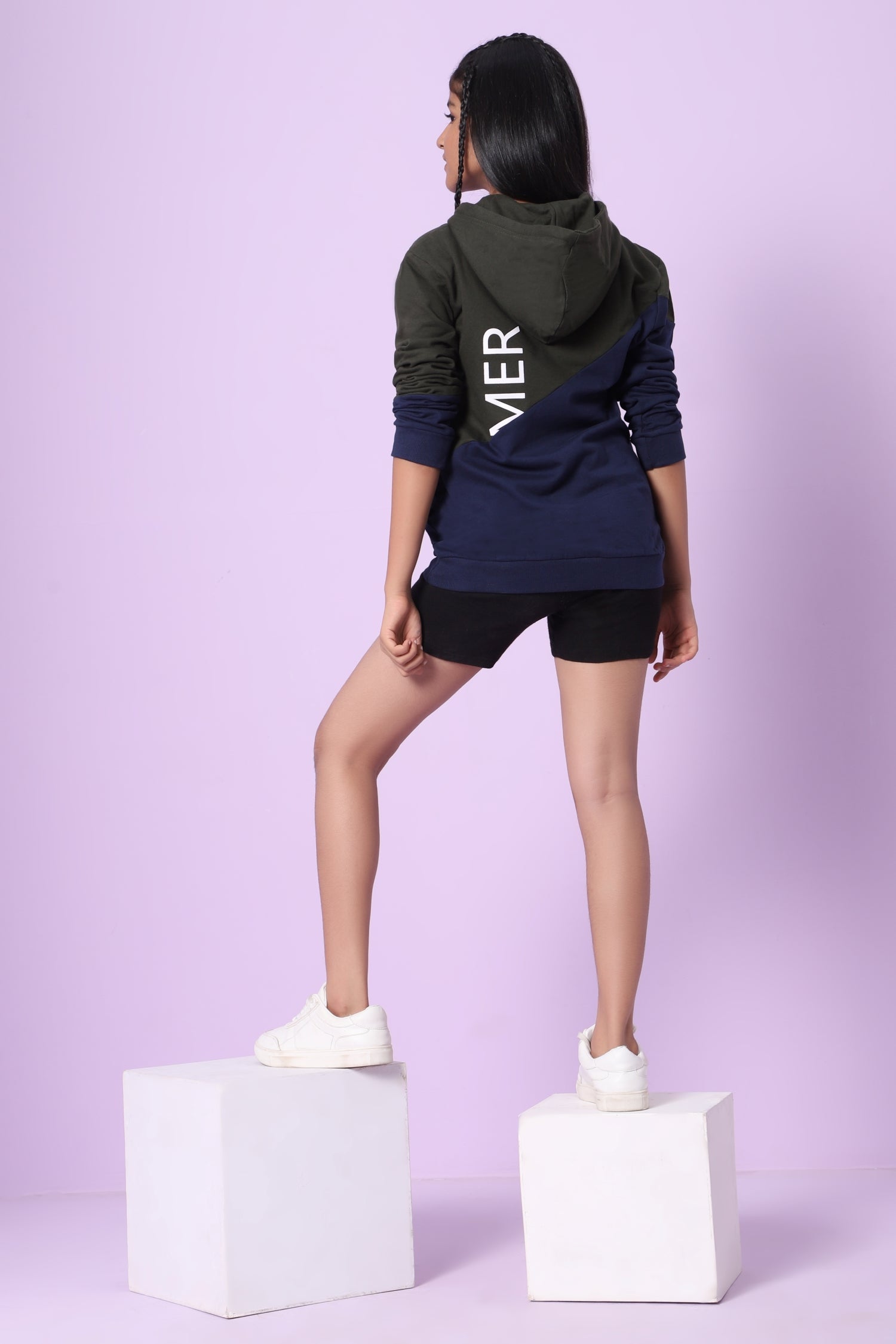 TeenTrums Girls Sweatshirt with half on half pattern - Dreamer - Navy & Olive