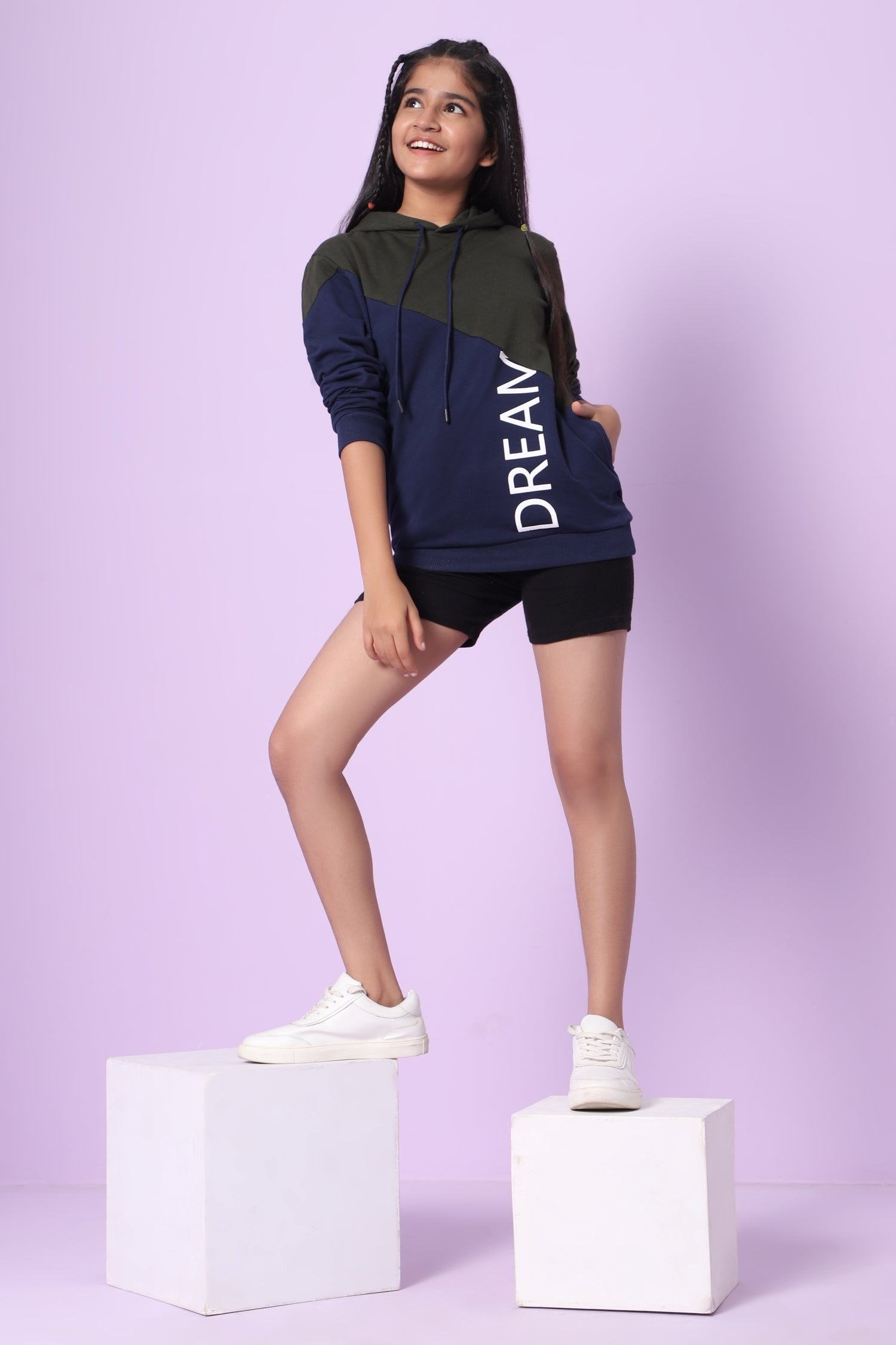 TeenTrums Girls Sweatshirt with half on half pattern - Dreamer - Navy & Olive