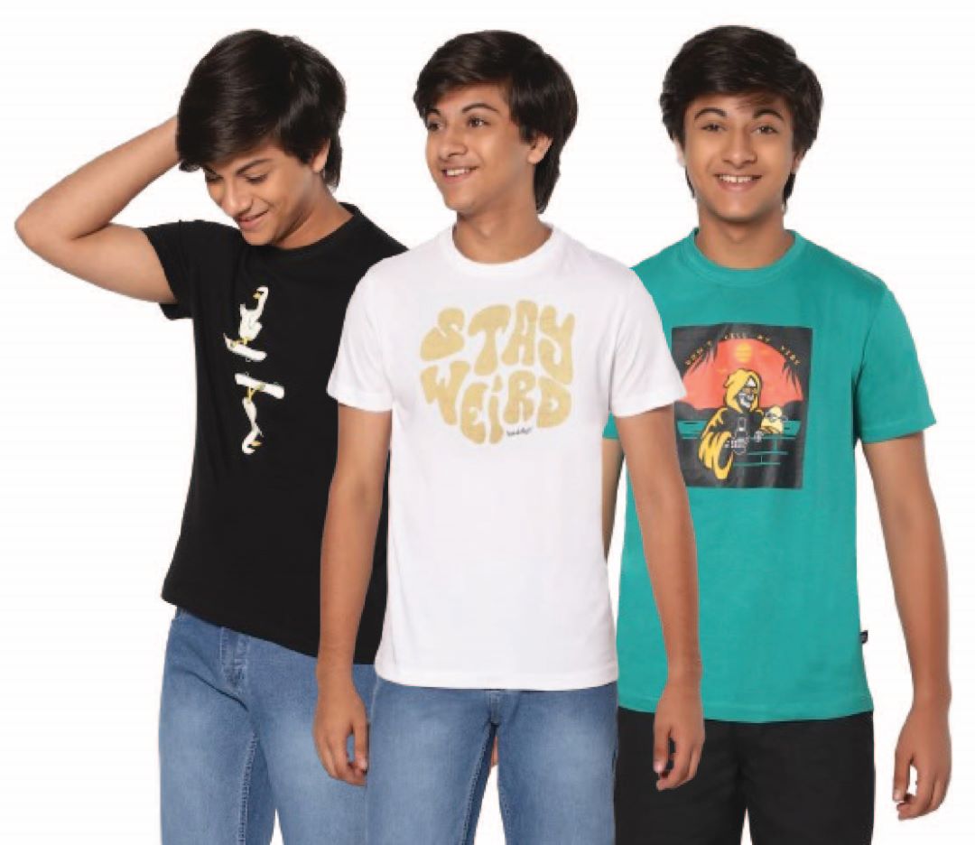 TeenTrums Pack of 3 100% Cotton Cool Graphic Printed T-Shirt for Boys - Black/ White / Dark Teal