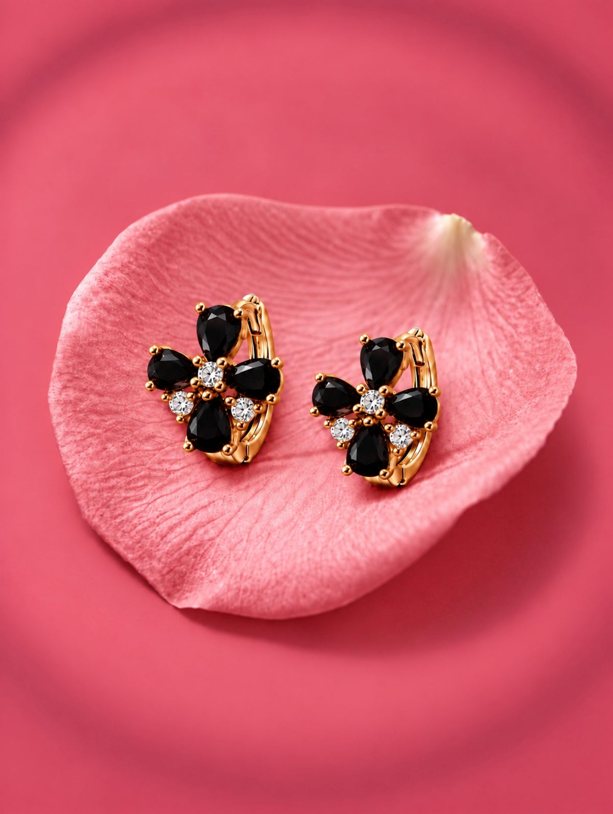 Stone Floral Gold-Tone Hoop Earrings- Black
