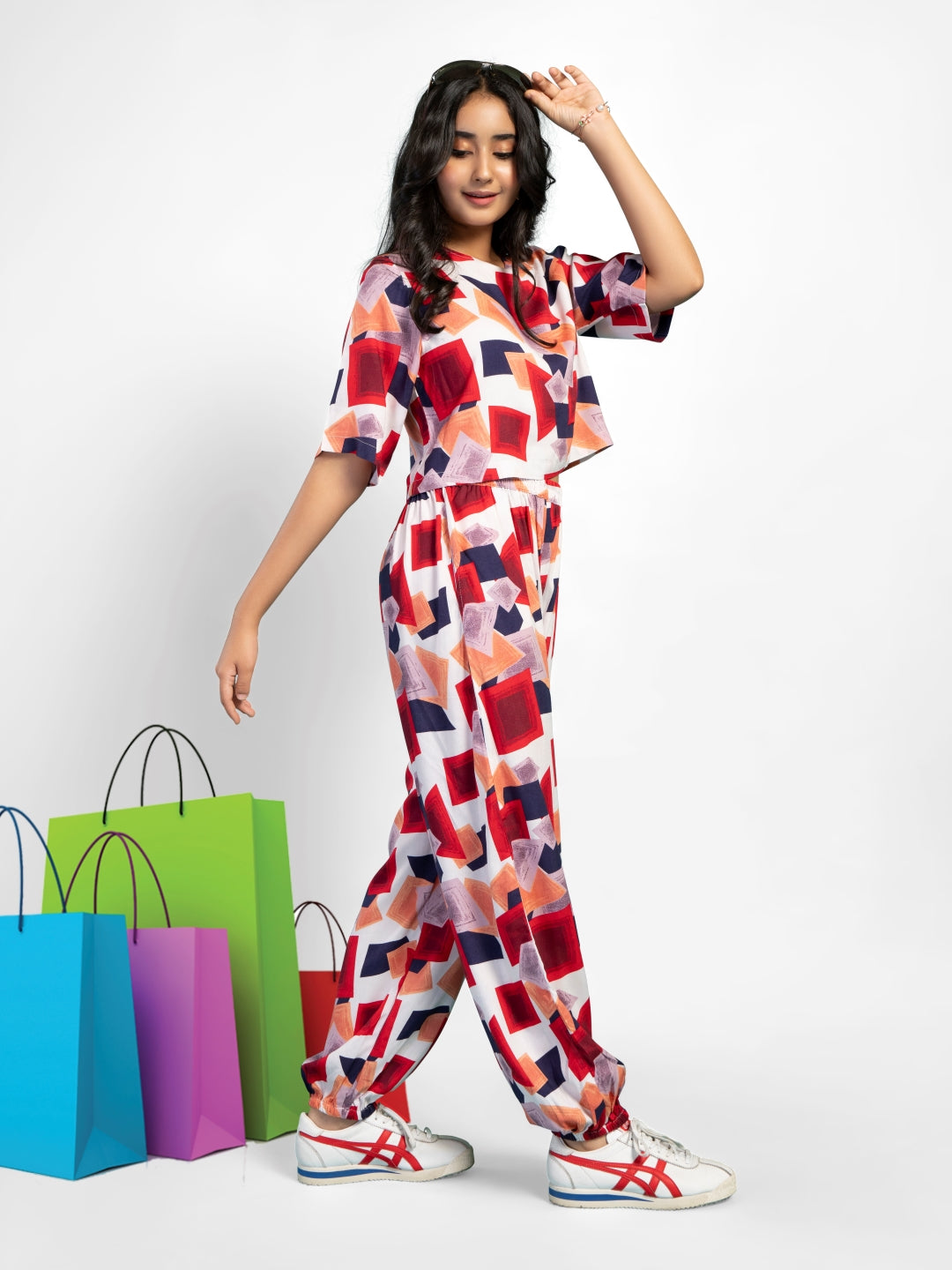 Color Print Co-ord Set-Red