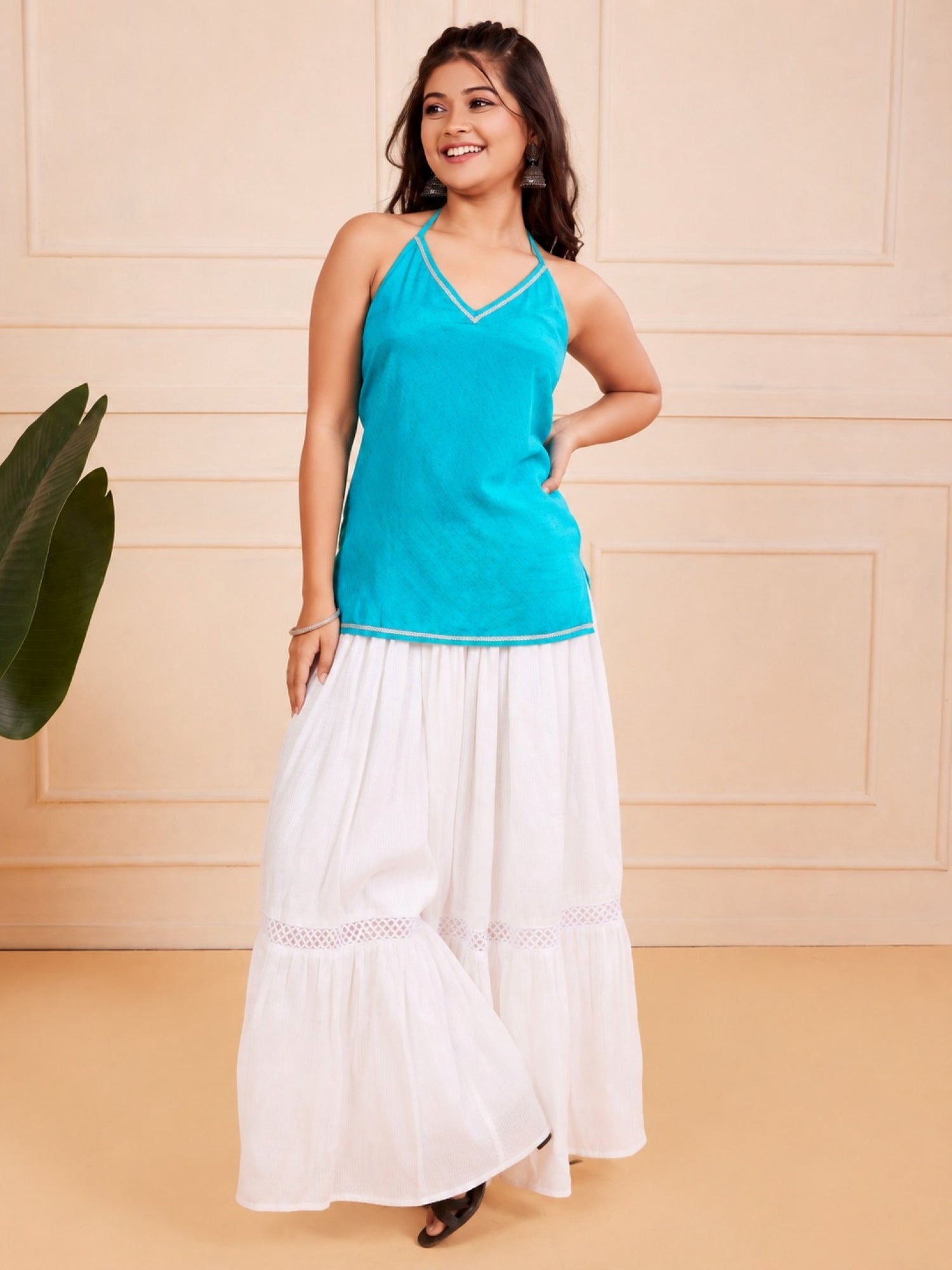 Girls Festive Halter Neck Short Kurti - Turquoise