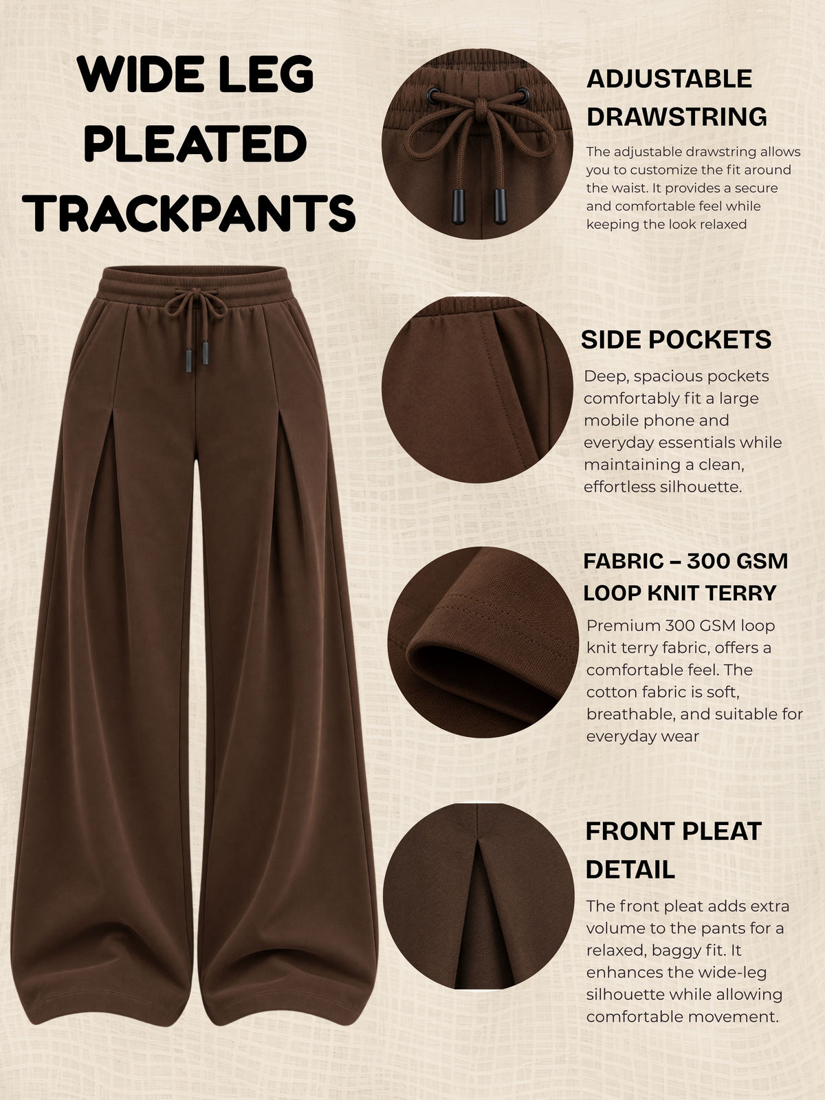 TeenTrums Girls Wide Leg Pleated Track Pants - Brown