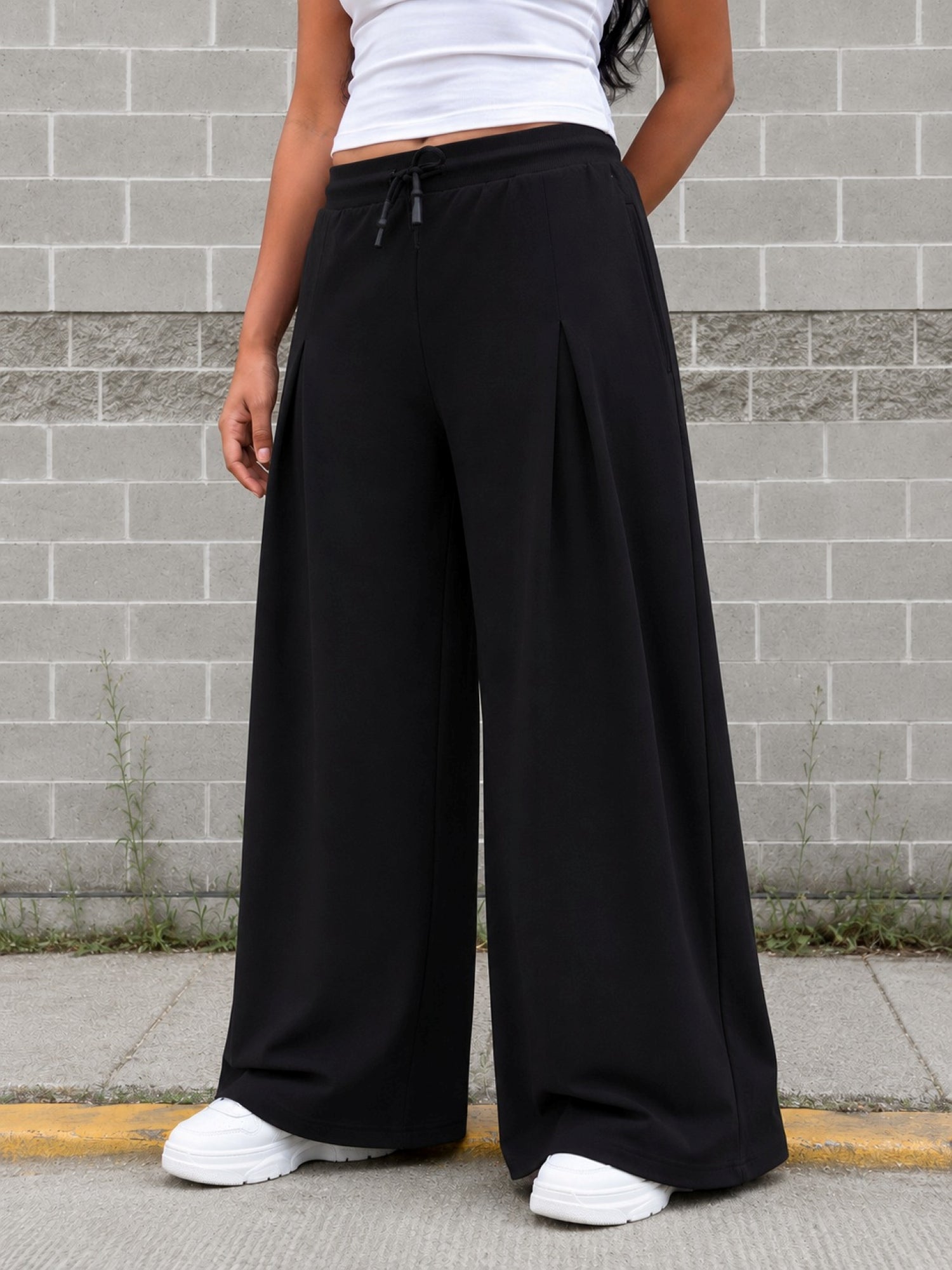 TeenTrums Girls Wide Leg Pleated Track Pants - Black