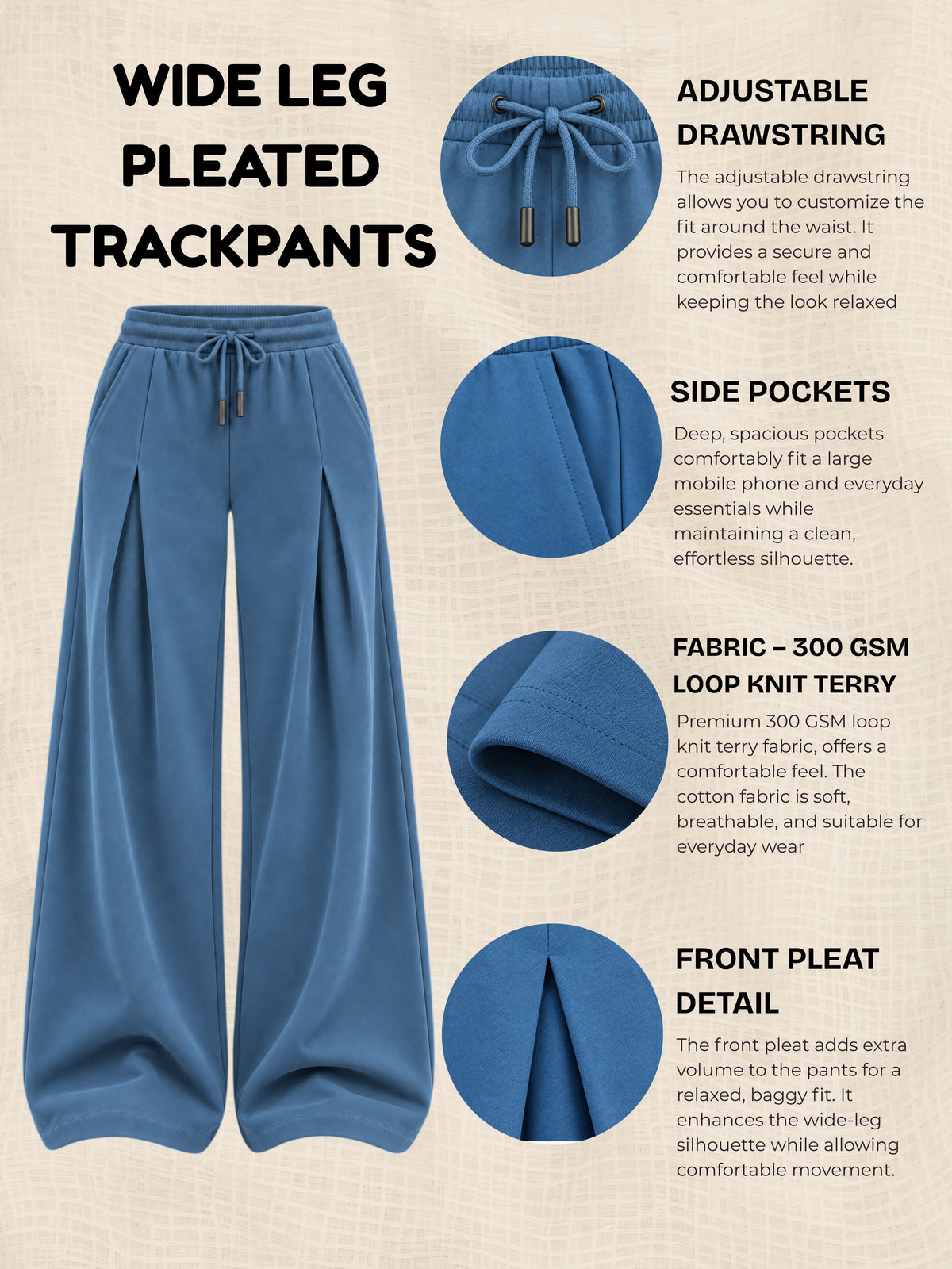 TeenTrums Girls Wide Leg Pleated Track Pants - Blue