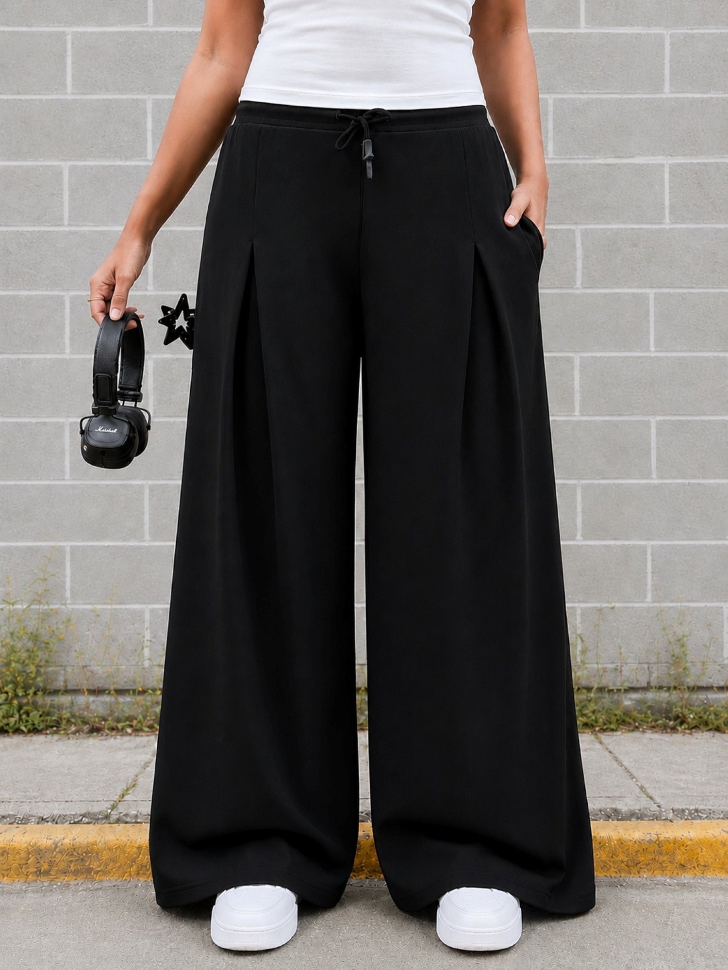 TeenTrums Girls Wide Leg Pleated Track Pants - Black