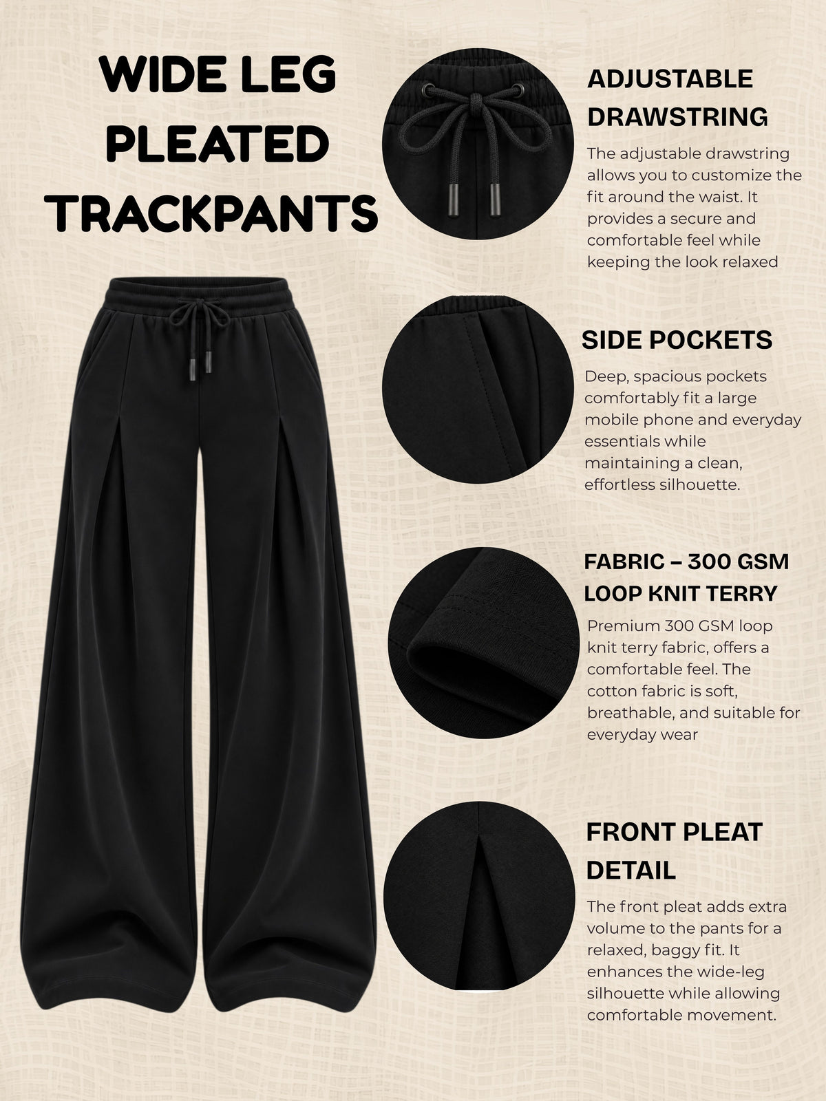 TeenTrums Girls Wide Leg Pleated Track Pants - Black