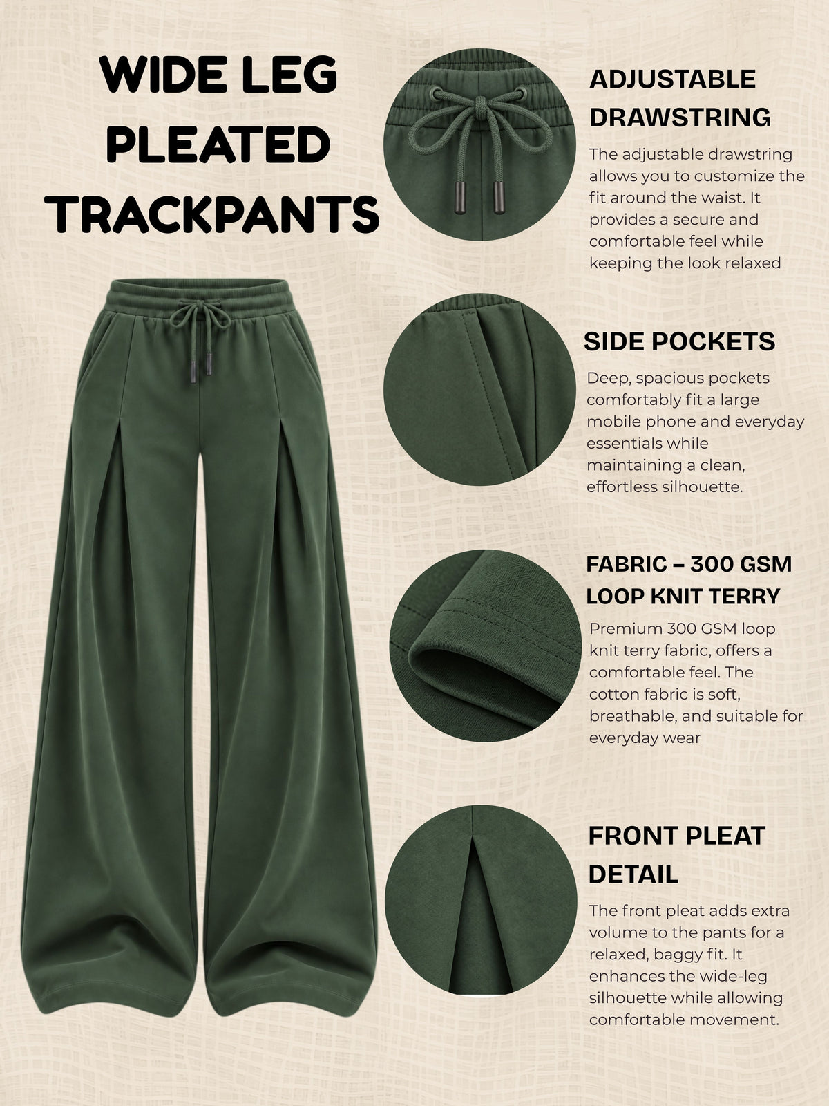 TeenTrums Girls Wide Leg Pleated Track Pants - Olive