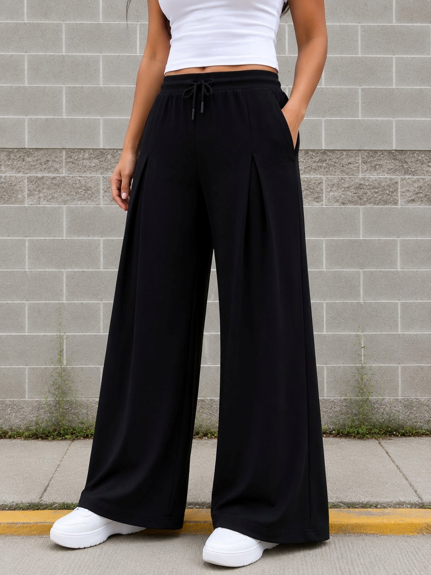 TeenTrums Girls Wide Leg Pleated Track Pants - Black