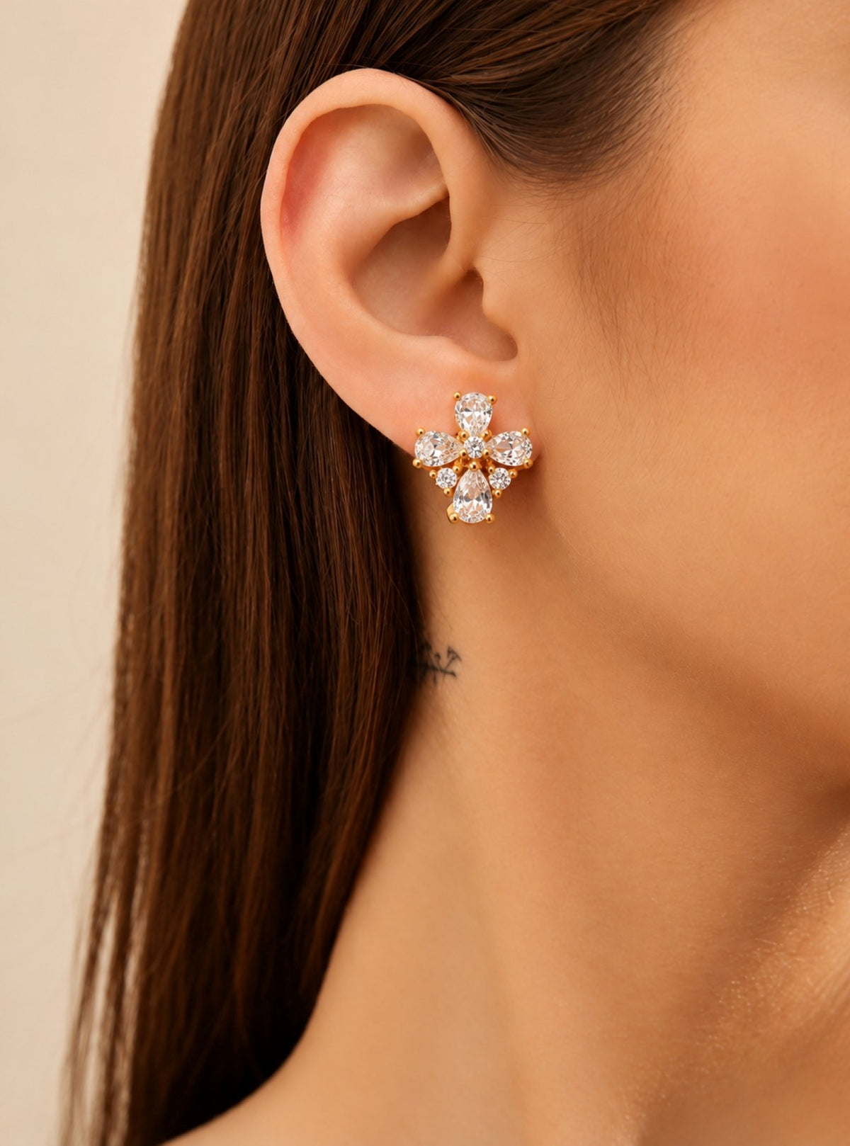Stone Floral Gold-Tone Hoop Earrings- Clear