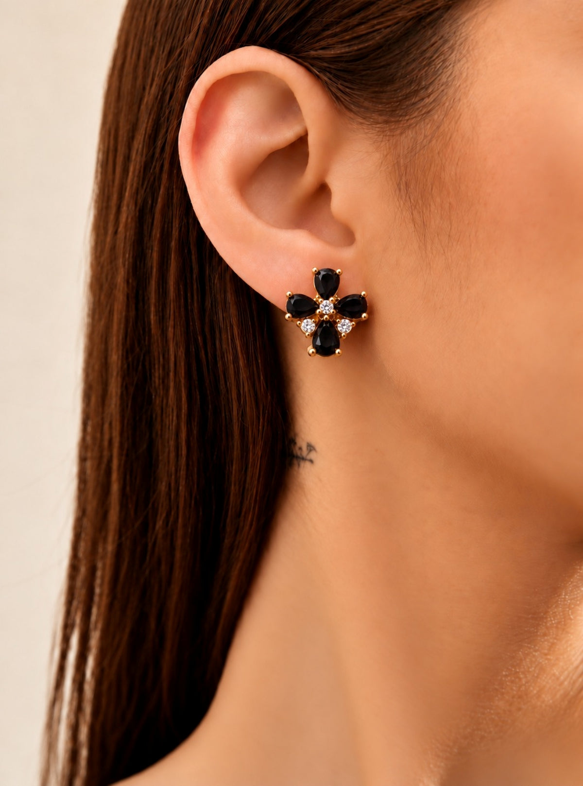 Stone Floral Gold-Tone Hoop Earrings- Black