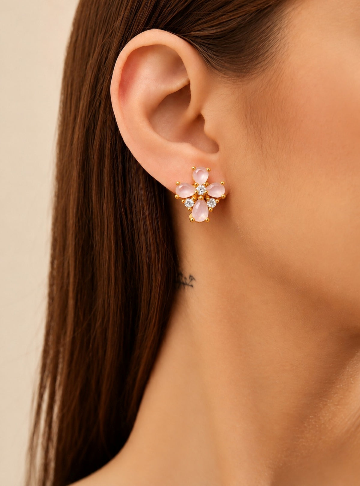 Stone Floral Gold-Tone Hoop Earrings- Peach
