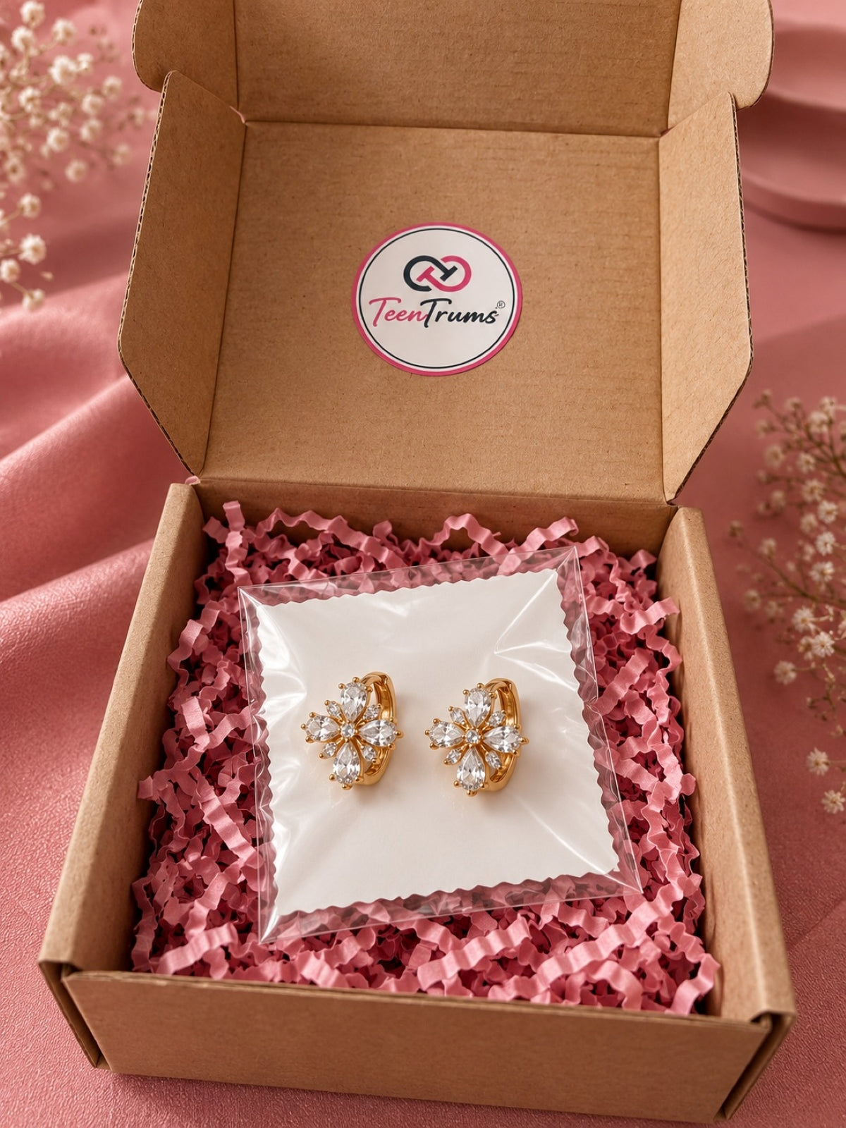 Stone Floral Gold-Tone Hoop Earrings- Clear