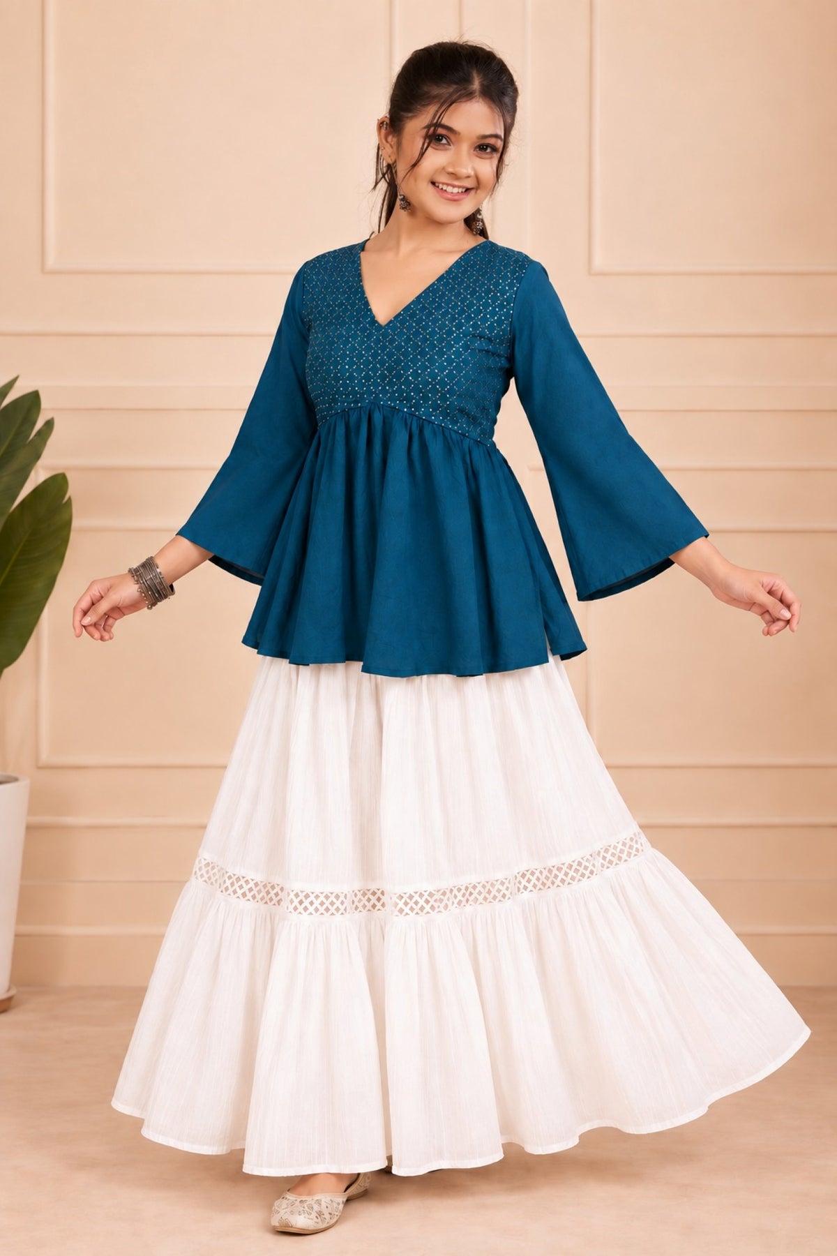 Girls Festive Short Kurti - Navy Blue