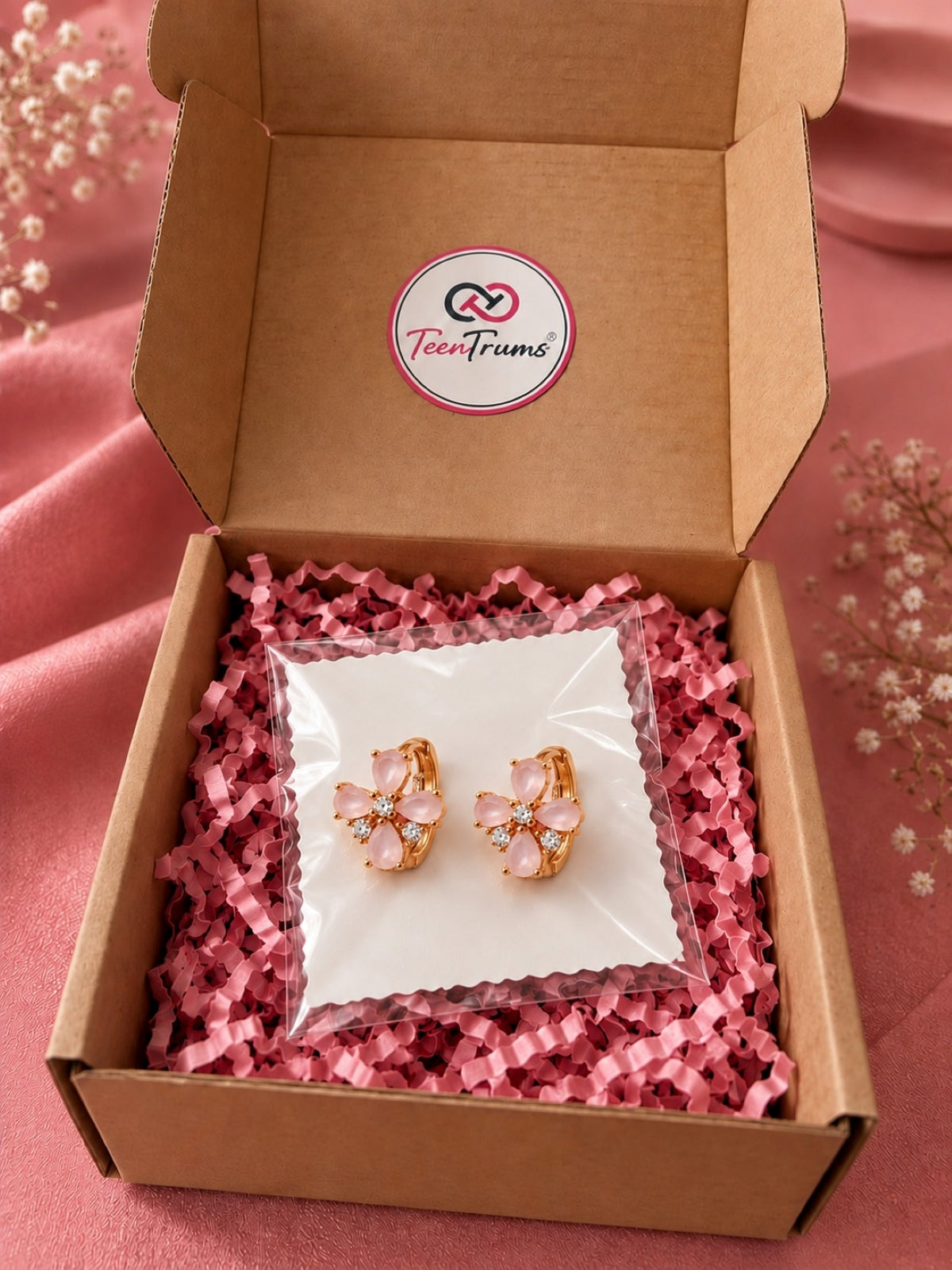 Stone Floral Gold-Tone Hoop Earrings- Peach