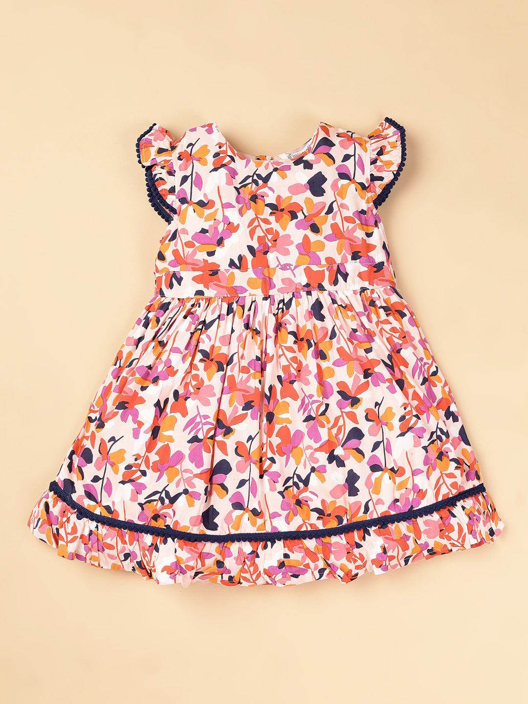 Floral Printed Pom Pom Lace Rayon Girls Dress - Peach | TeenTrums Floral Printed Pom Pom Lace Rayon Girls Dress - Peach | TeenTrums