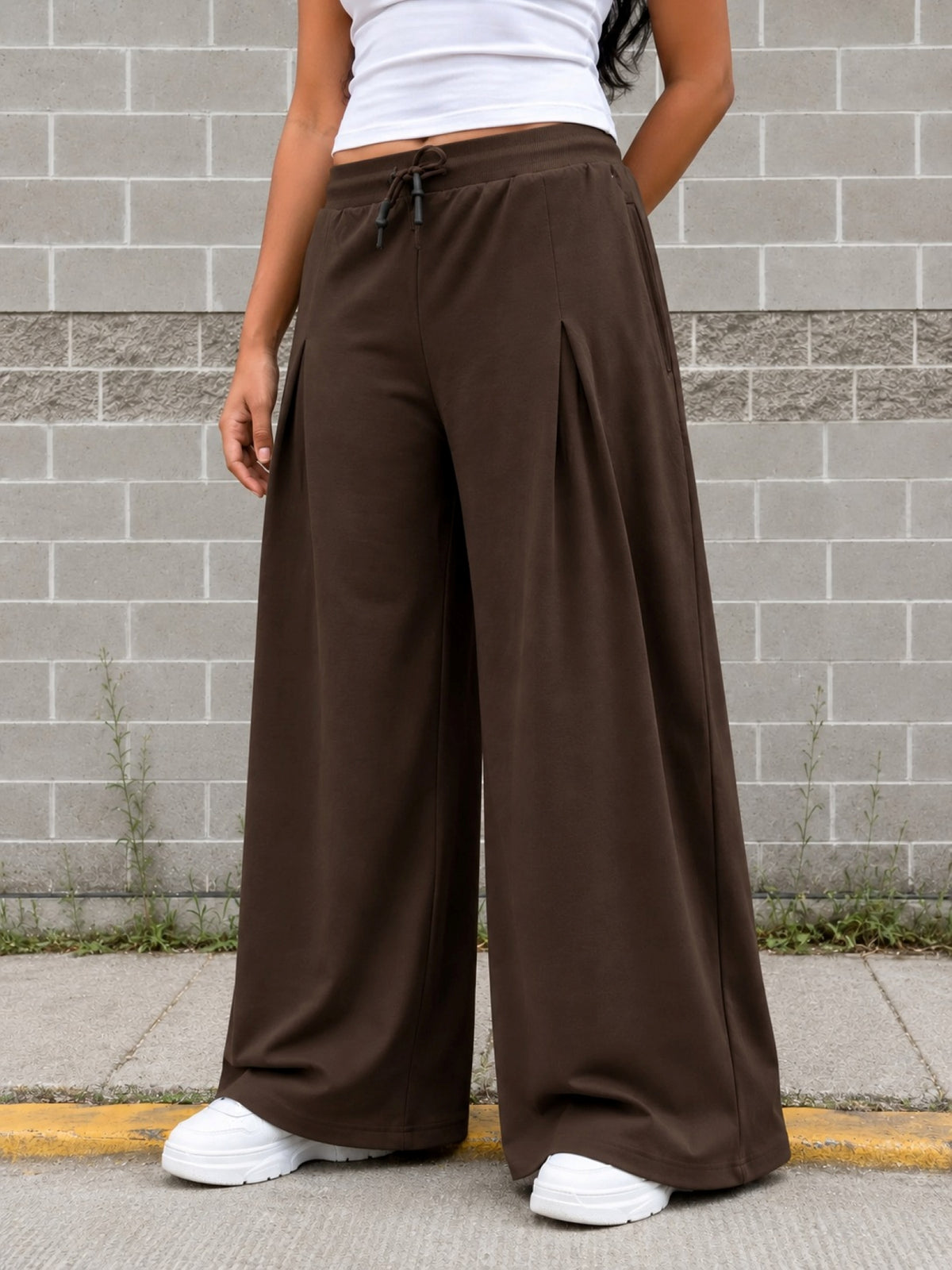 TeenTrums Girls Wide Leg Pleated Track Pants - Brown