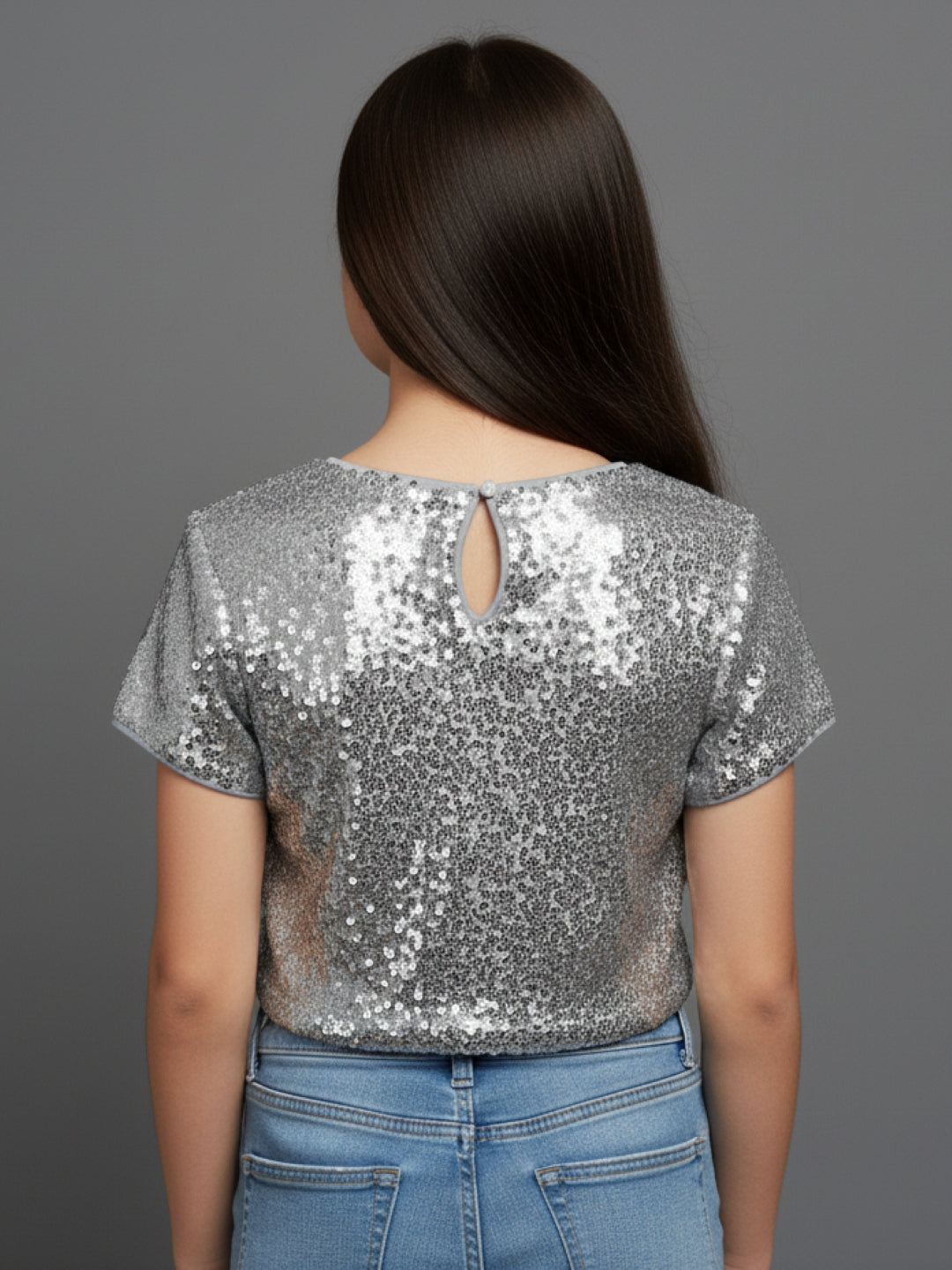 Girls Sequin Party Crop Top - Silver
