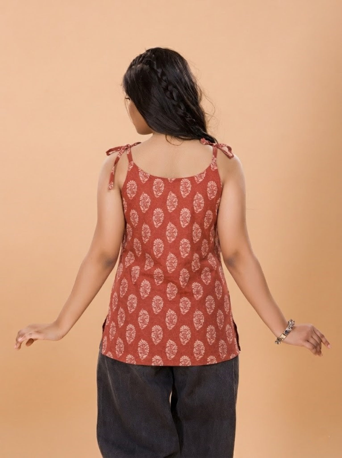 Girls Floral Motif Print Short Kurti - Brick Red