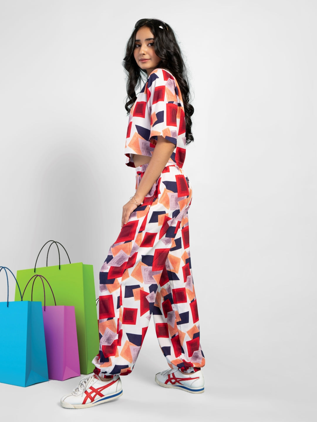 TeenTrums Girls Color Block Print Co-ord Set-Red