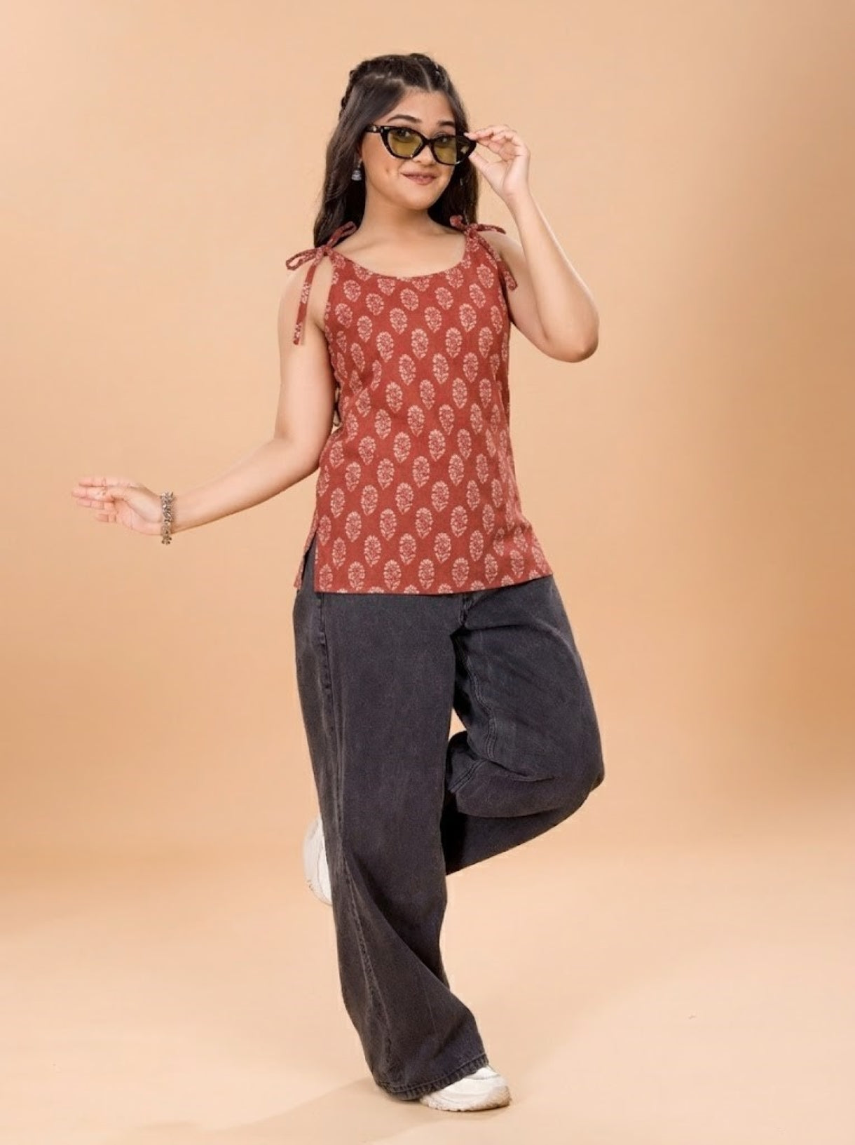 Girls Floral Motif Print Short Kurti - Brick Red