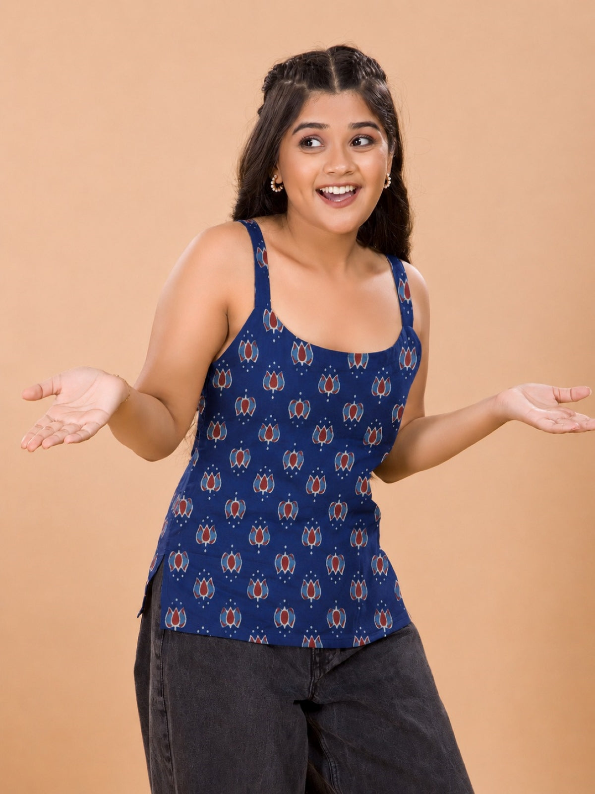 Girls Lotus Motif Print Short Kurti - Navy Blue