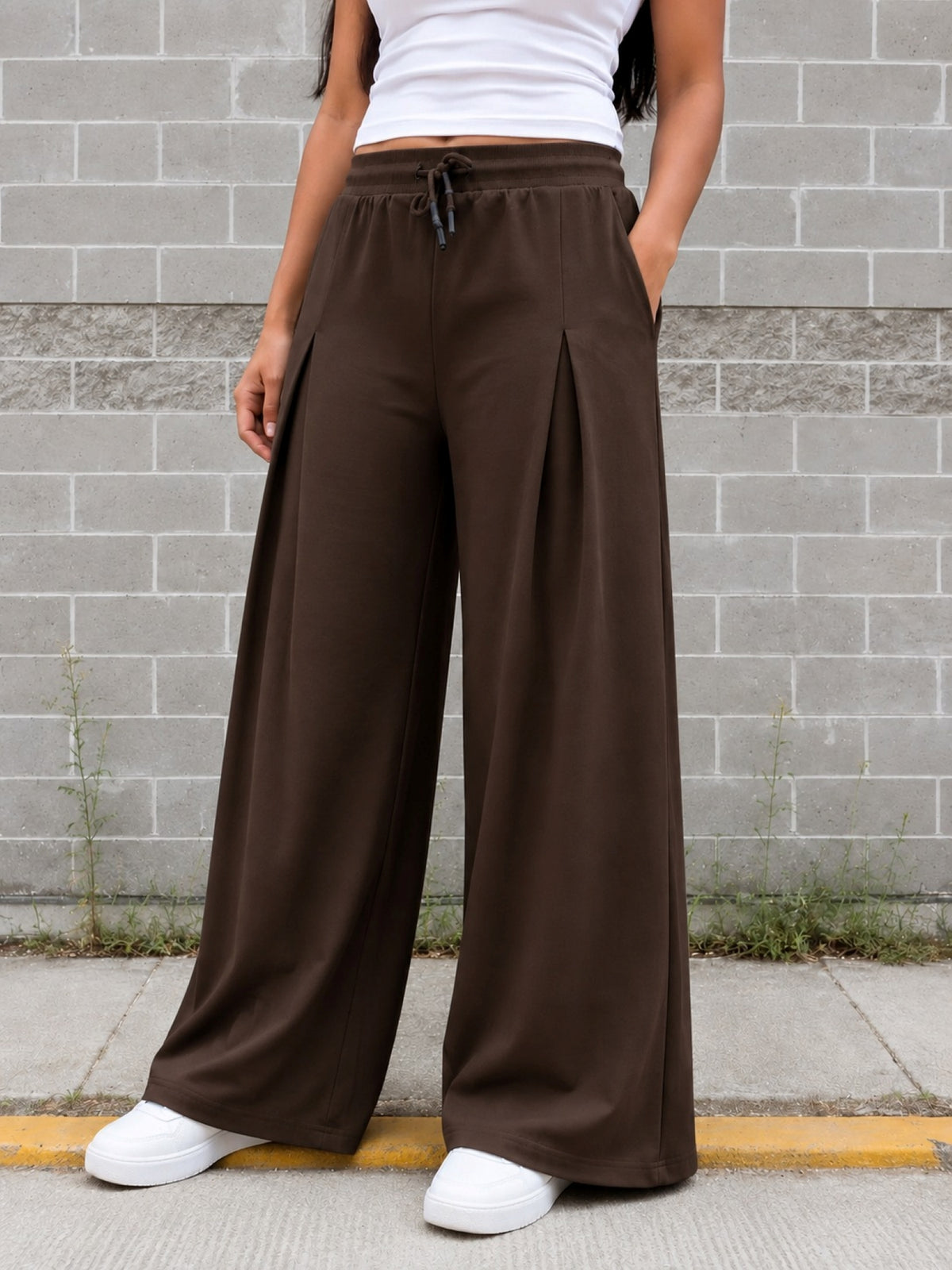 TeenTrums Girls Wide Leg Pleated Track Pants - Brown