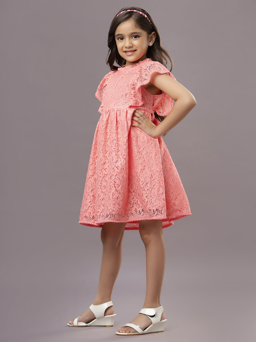 Ishki Pushki Girls Lace Dress-Coral