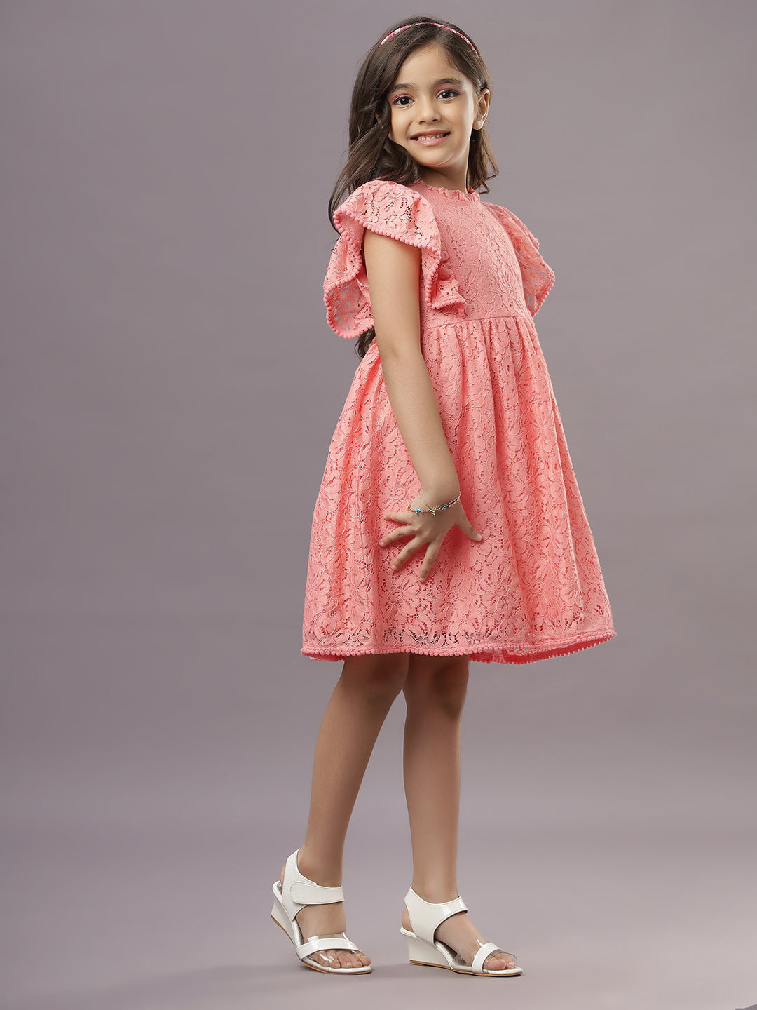 Ishki Pushki Girls Lace Dress-Coral