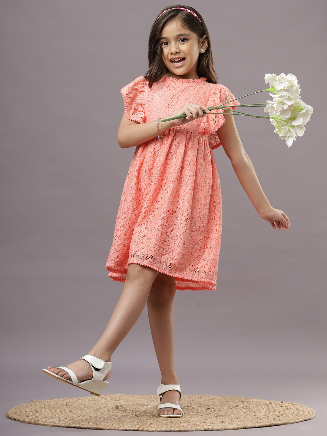 Ishki Pushki Girls Lace Dress-Coral