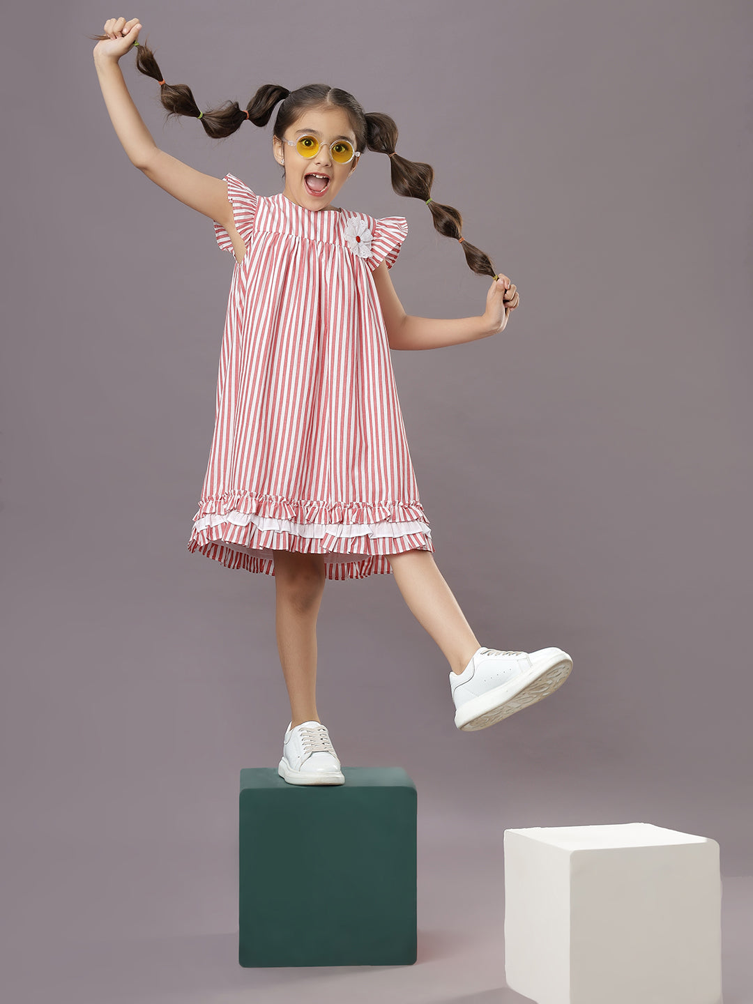 Candy Stripe Ruffle Corsage Cotton Girls Dress - Red